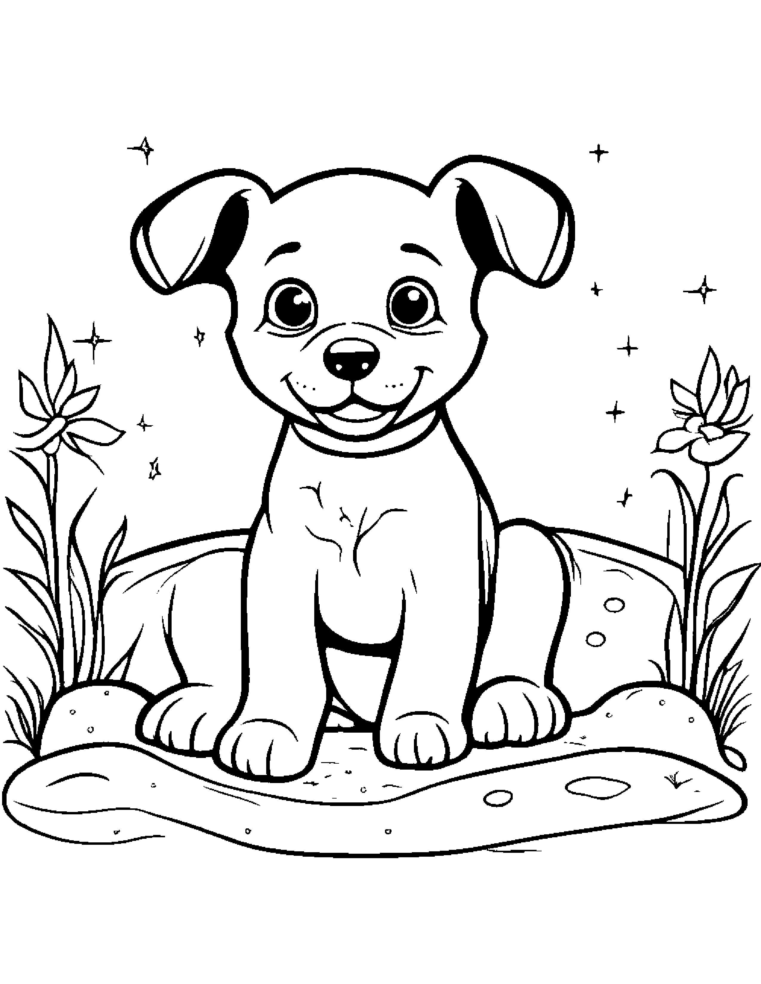 Puppy Dog With Sparkles Beside A Sandbox Coloring Page (Free Printable PDF)
