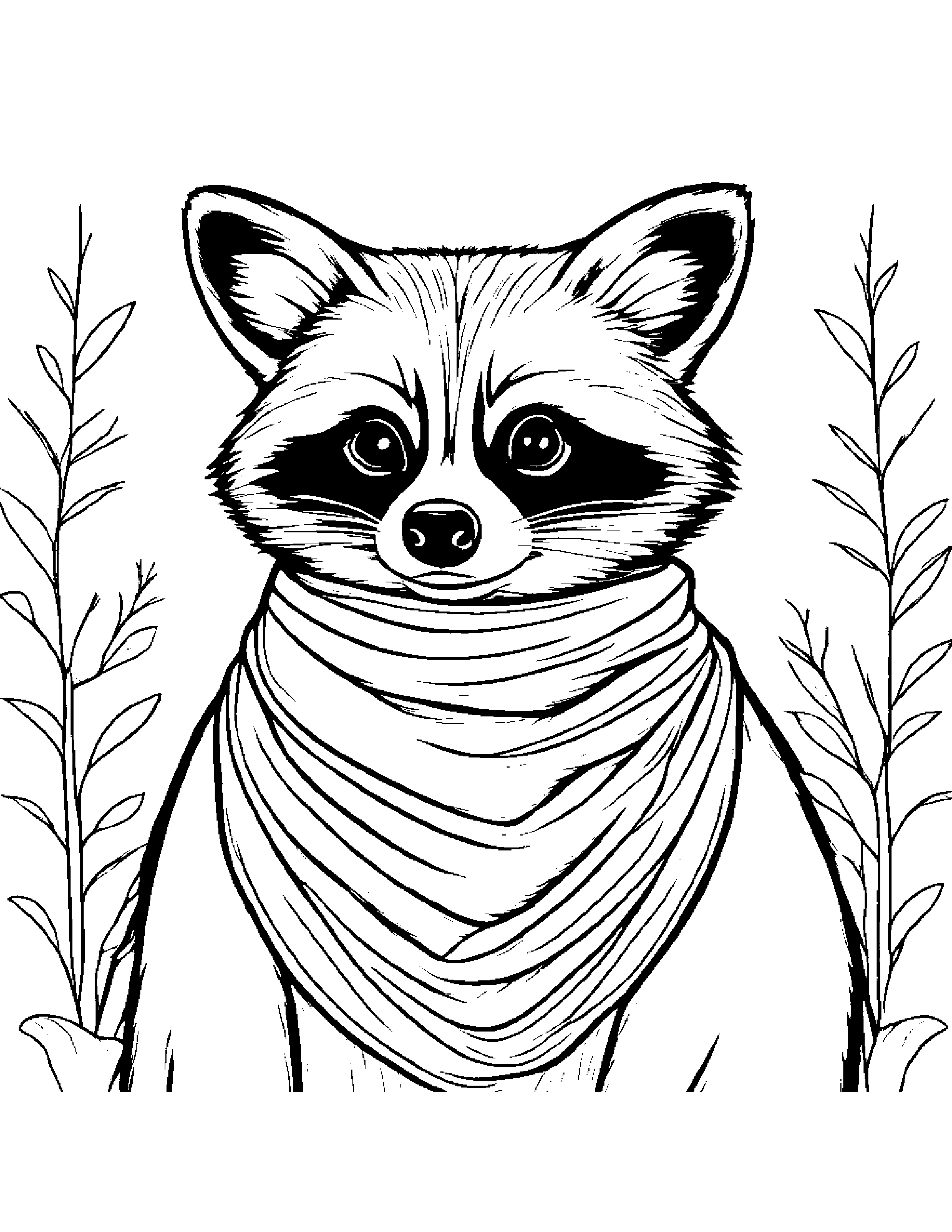 Raccoon With A Soft Scarf #2 Coloring Page (Free Printable PDF)