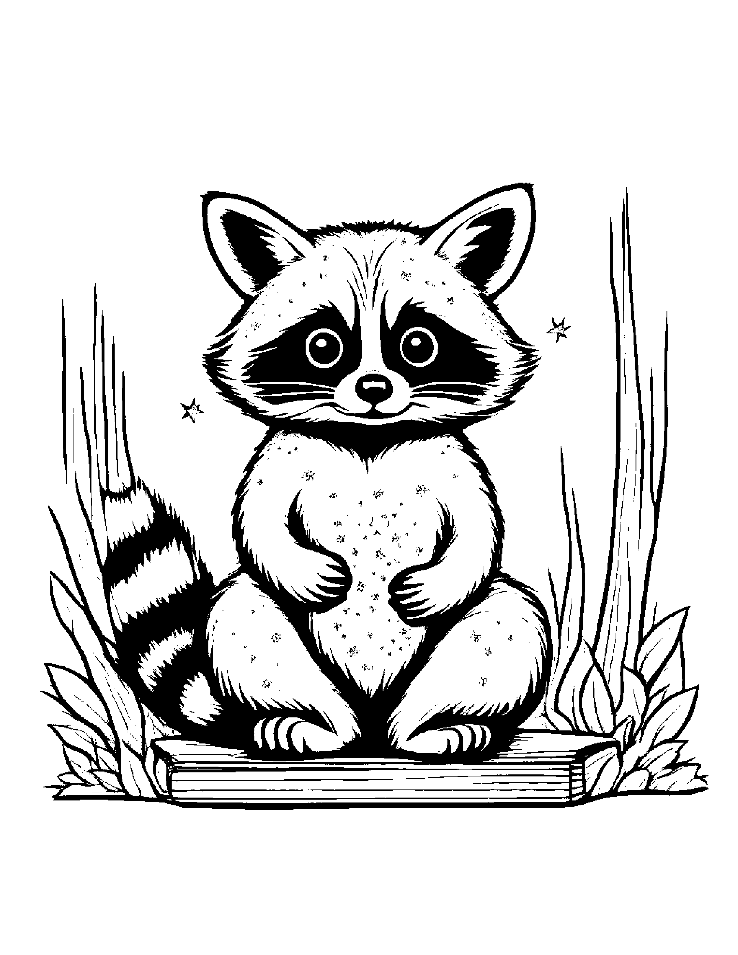 Raccoon With Sparkles By A Reading Nook #2 Coloring Page (Free Printable PDF)