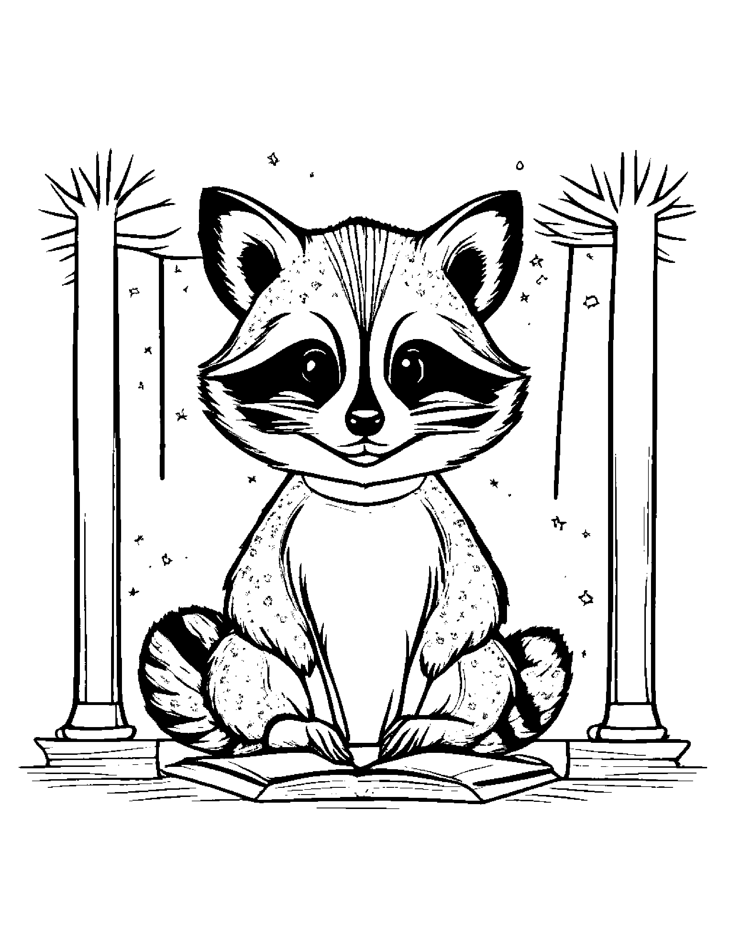 Raccoon With Sparkles By A Reading Nook #3 Coloring Page (Free Printable PDF)