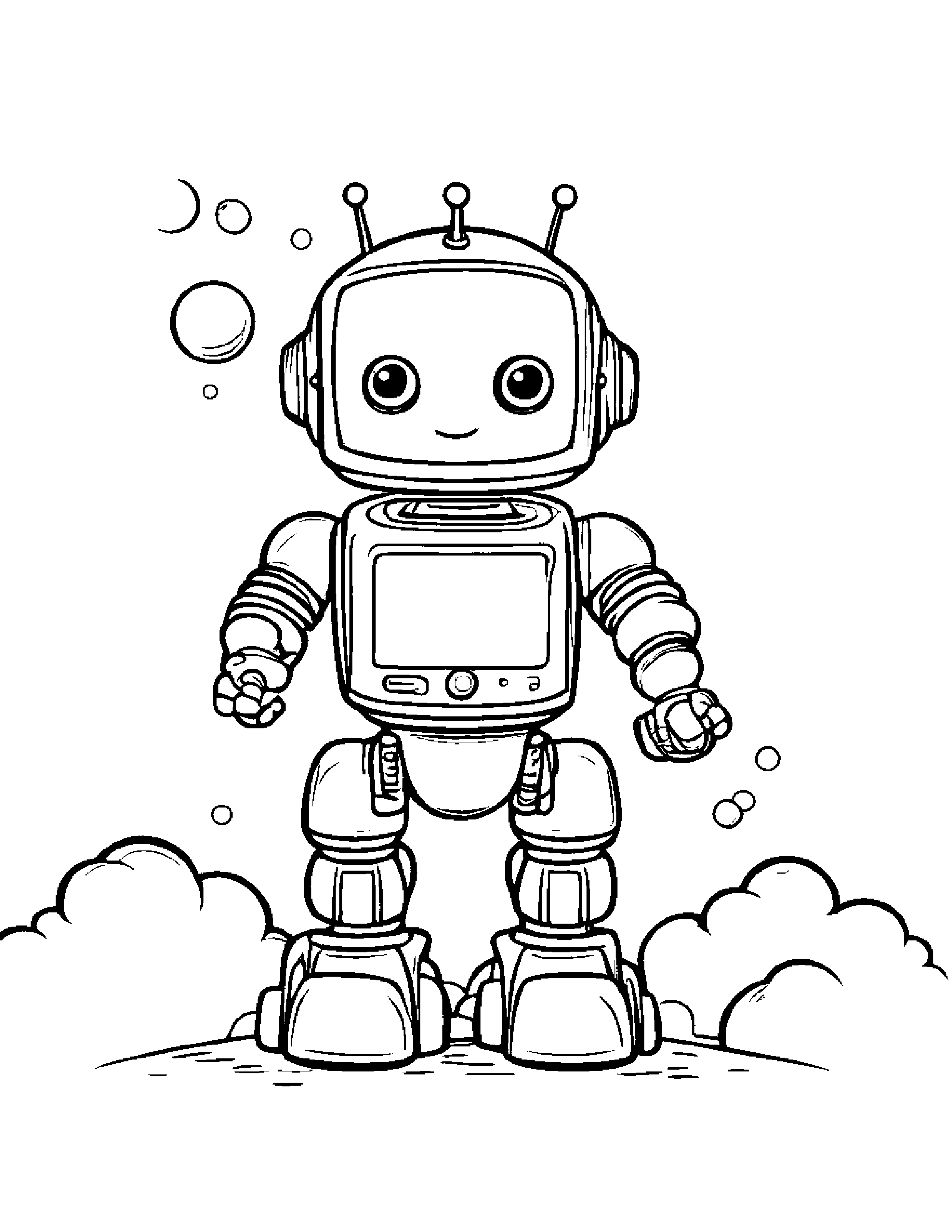 Robot Buddy Blowing Bubbles On A Fluffy Cloud #2 Coloring Page (Free Printable PDF)