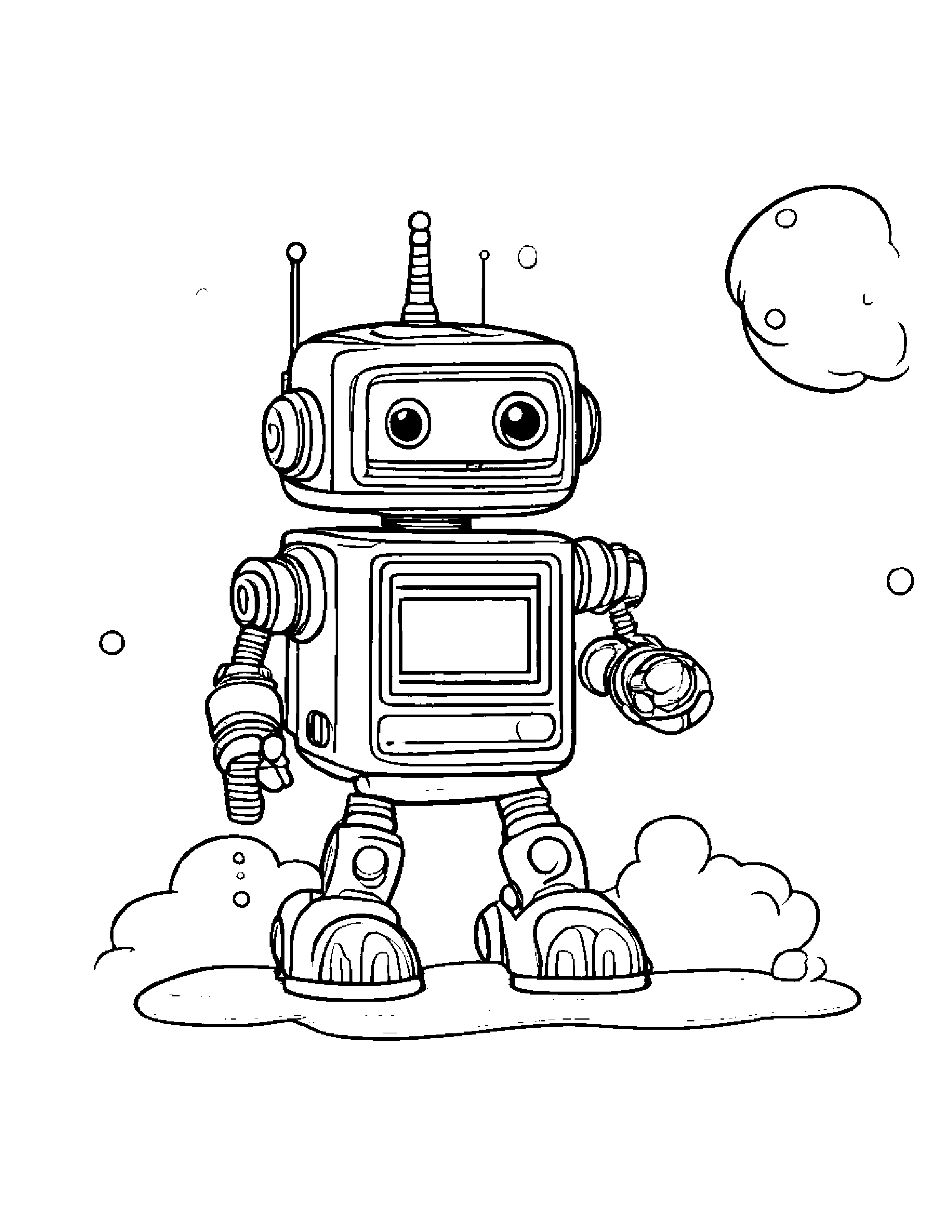 Robot Buddy Blowing Bubbles On A Fluffy Cloud Coloring Page (Free Printable PDF)