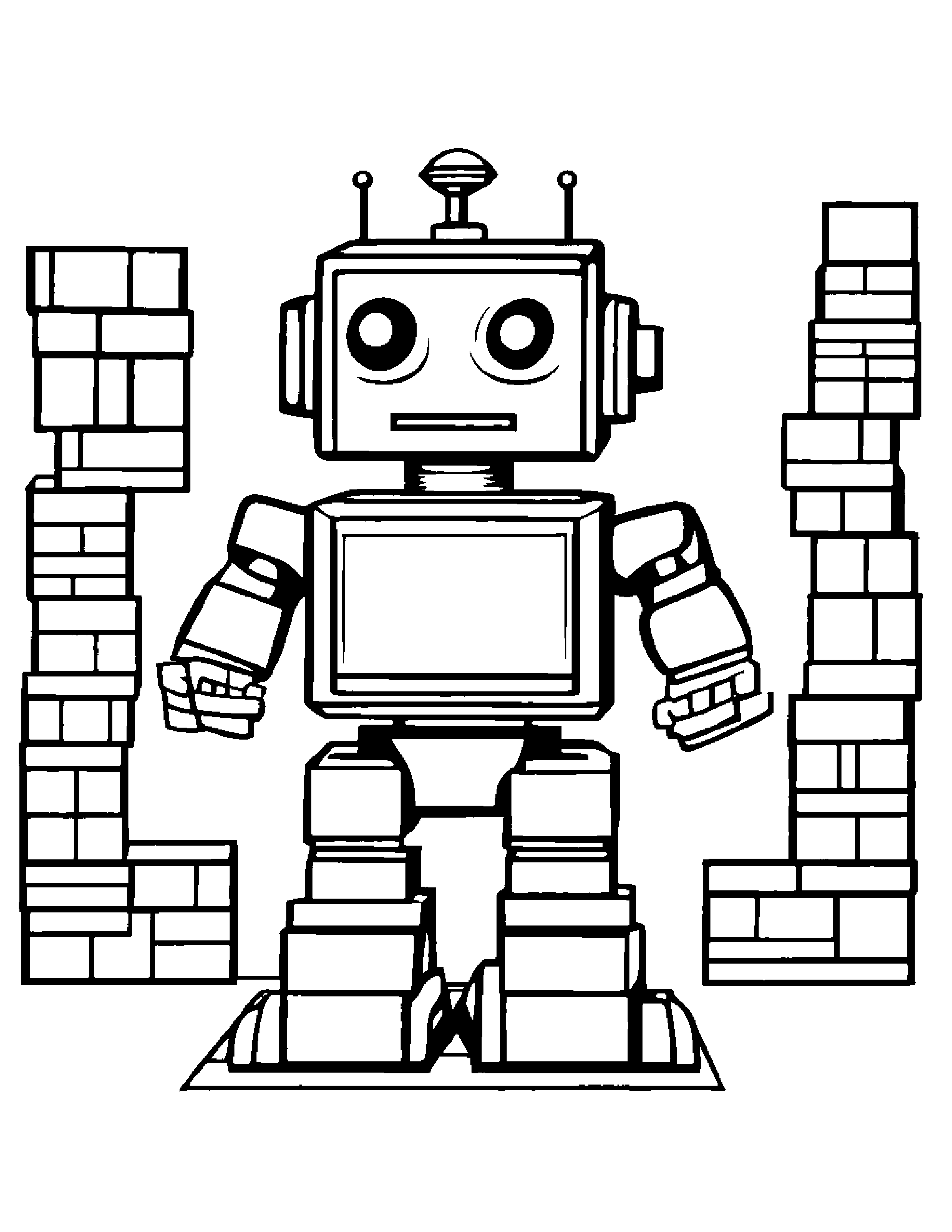 Robot Buddy Stacking Blocks Coloring Page (Free Printable PDF)