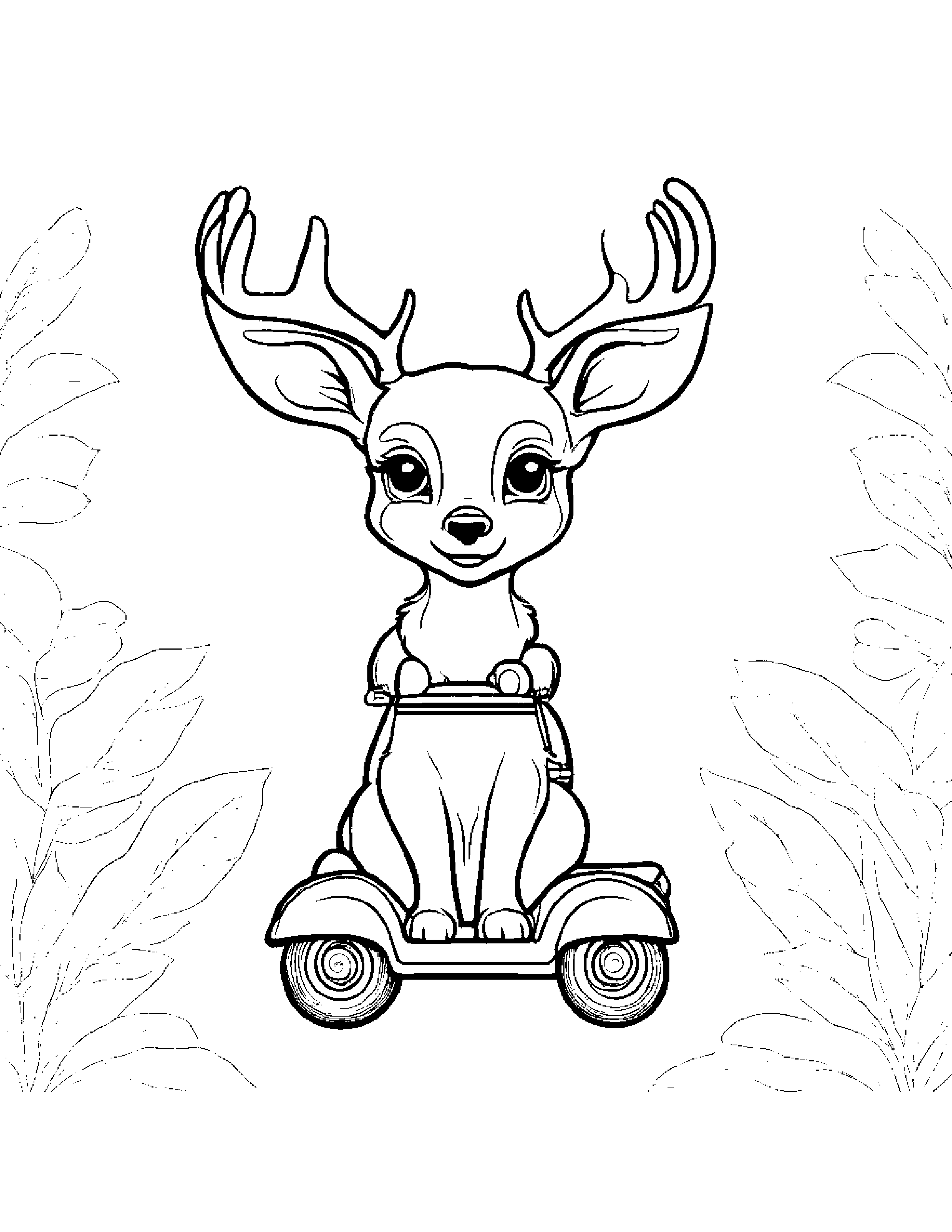 Sprightly Deer Fawn Riding A Scooter Coloring Page (Free Printable PDF)