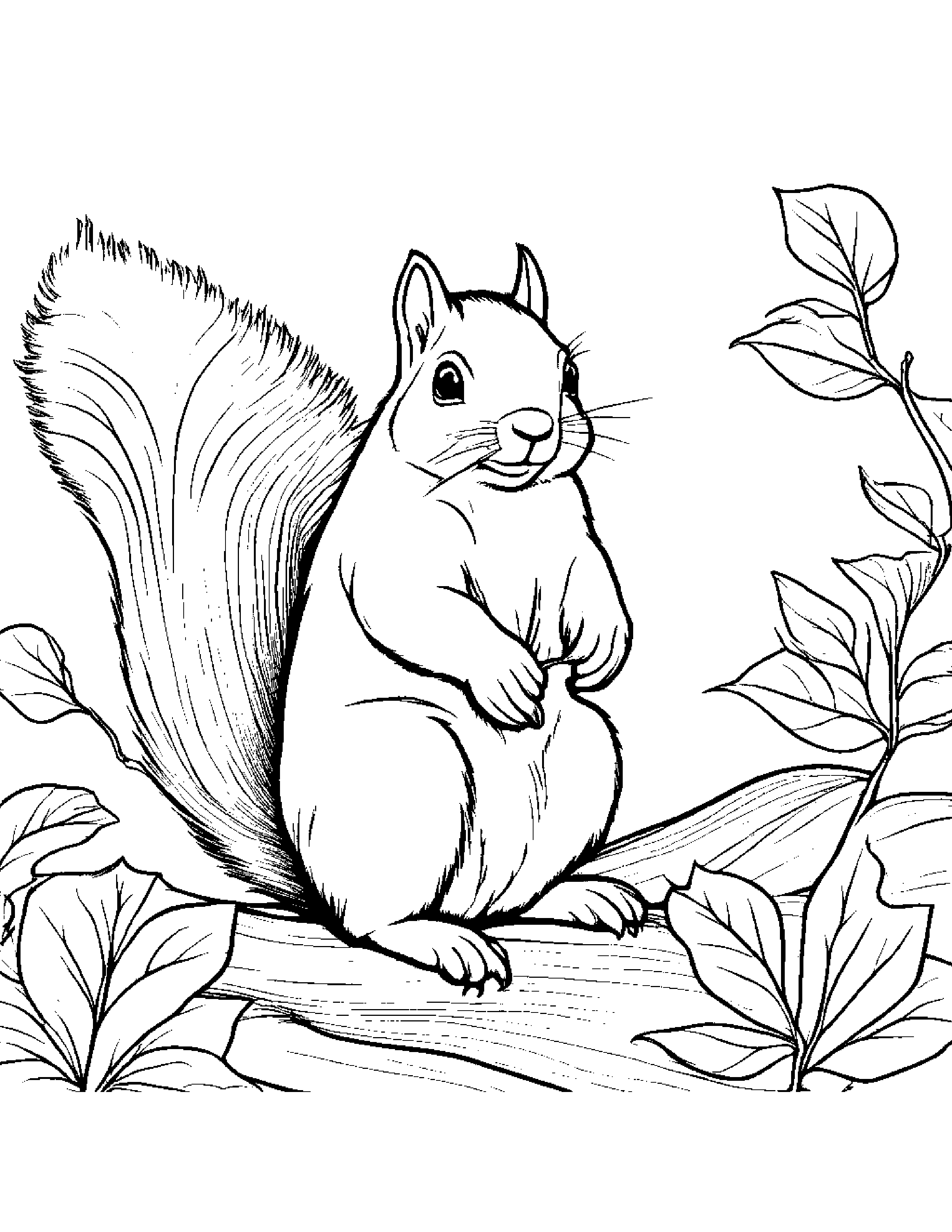 Squirrel With A Leaf Sprig #2 Coloring Page (Free Printable PDF)