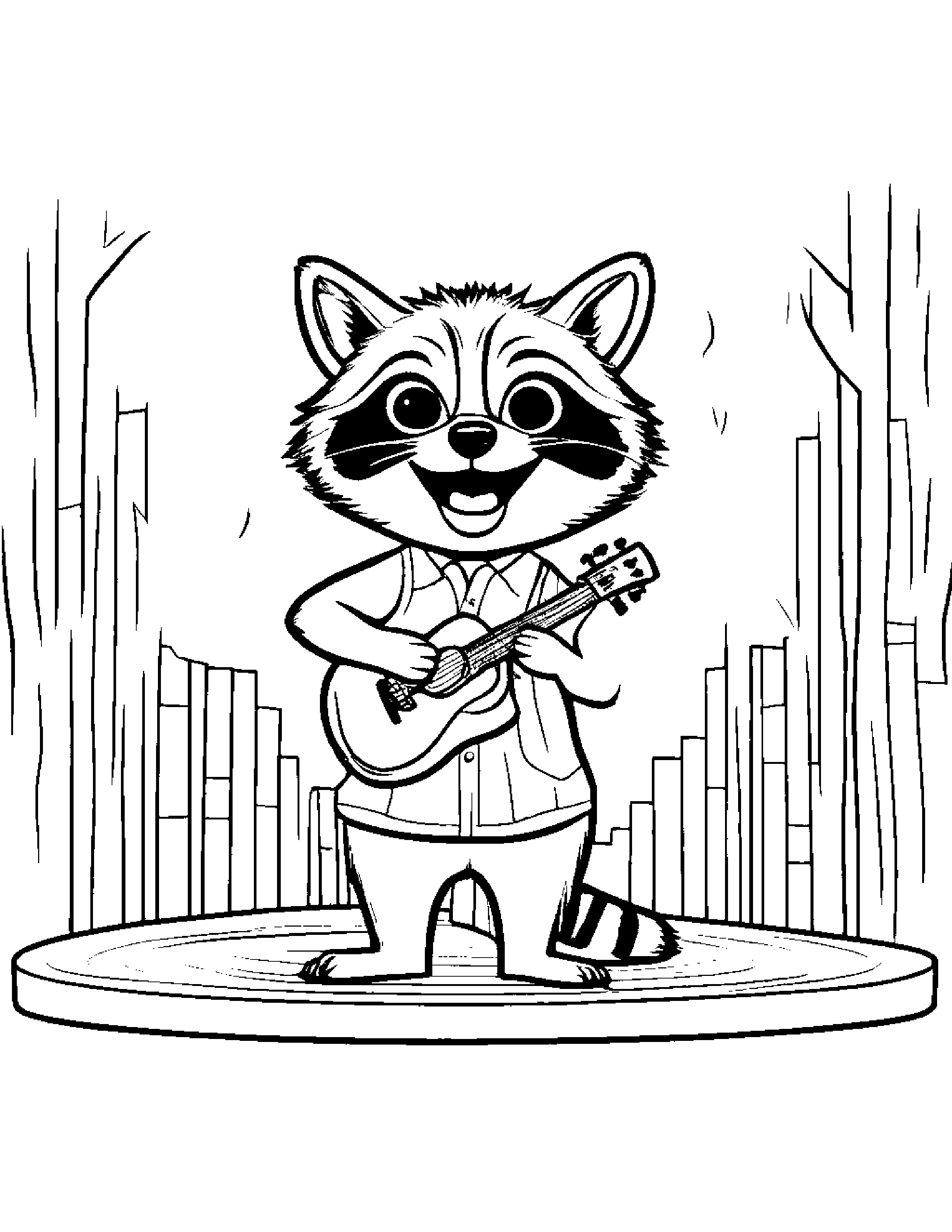 Sunny Raccoon Singing On A Music Stage Coloring Page (Free Printable PDF)