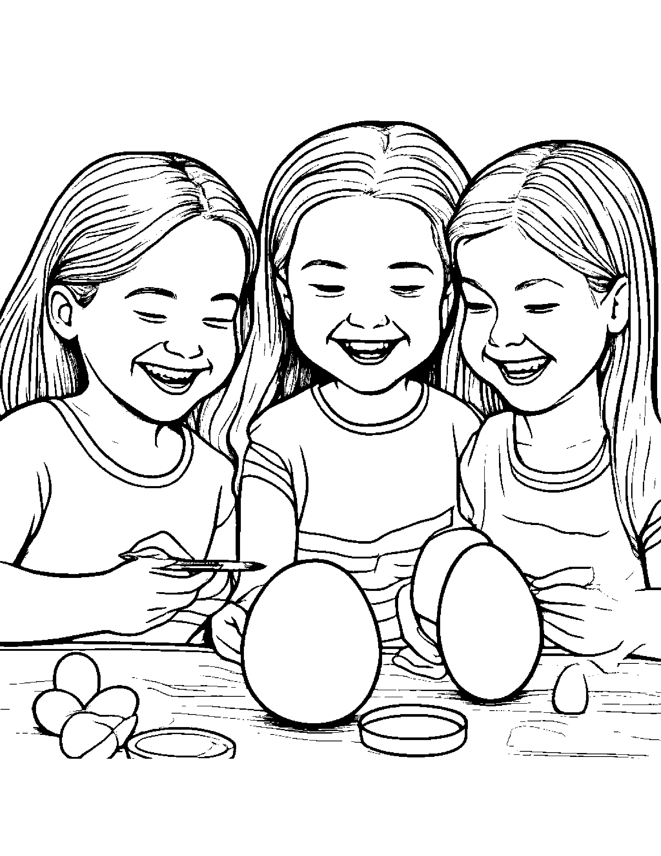 A Group Of Friends Sharing Laughter While Painting Easter Eggs Coloring Page (Free Printable PDF)