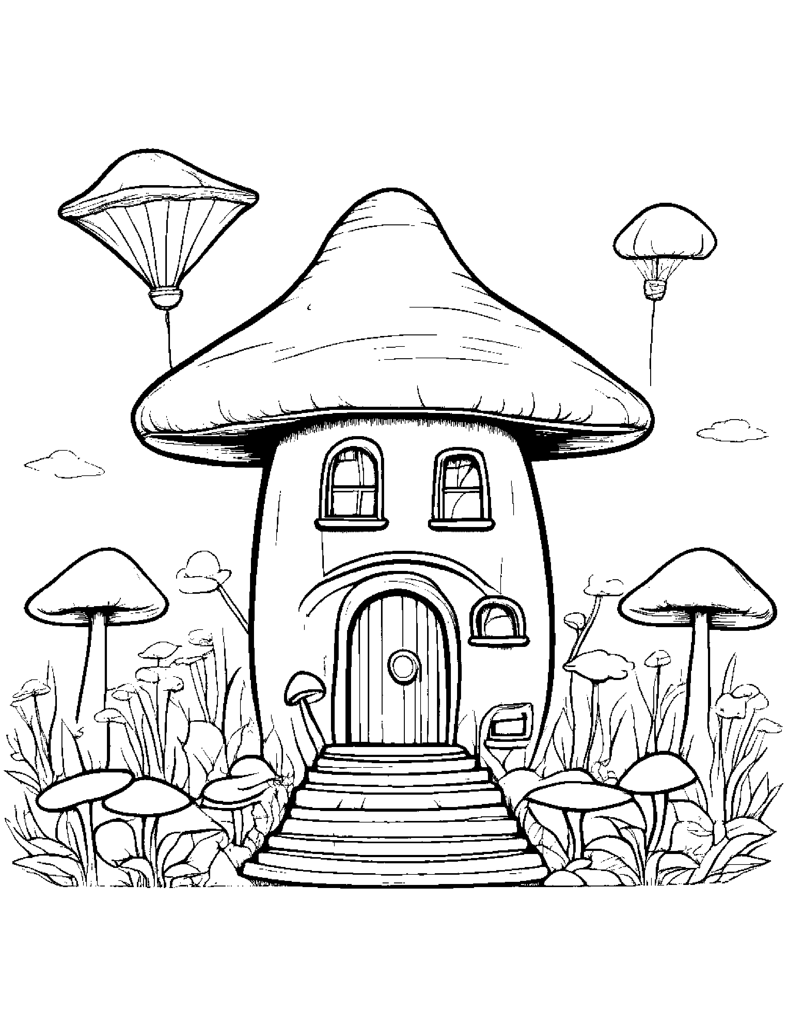 Mushroom House With A Kite #2 Coloring Page (Free Printable PDF)