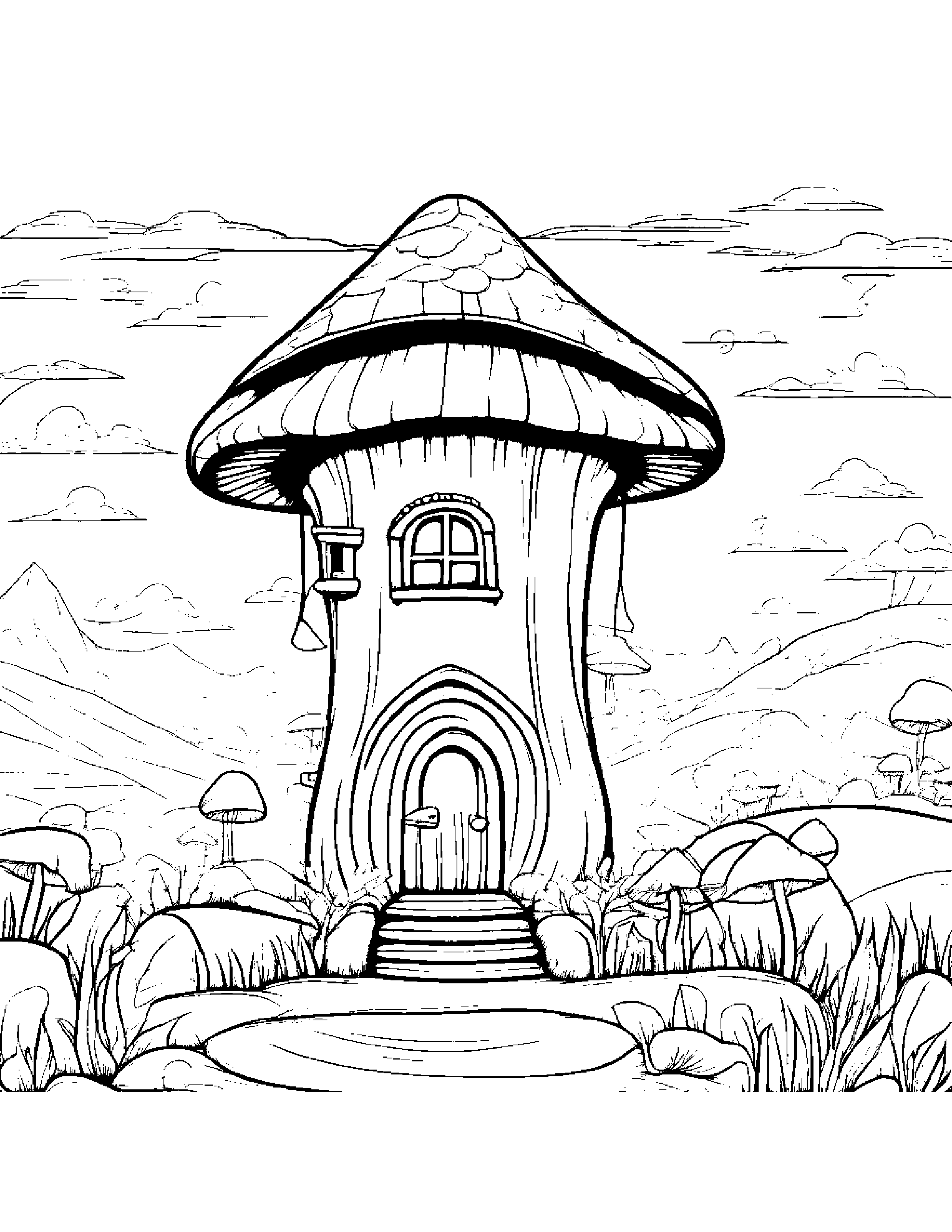 Mushroom House With A Kite Coloring Page (Free Printable PDF)