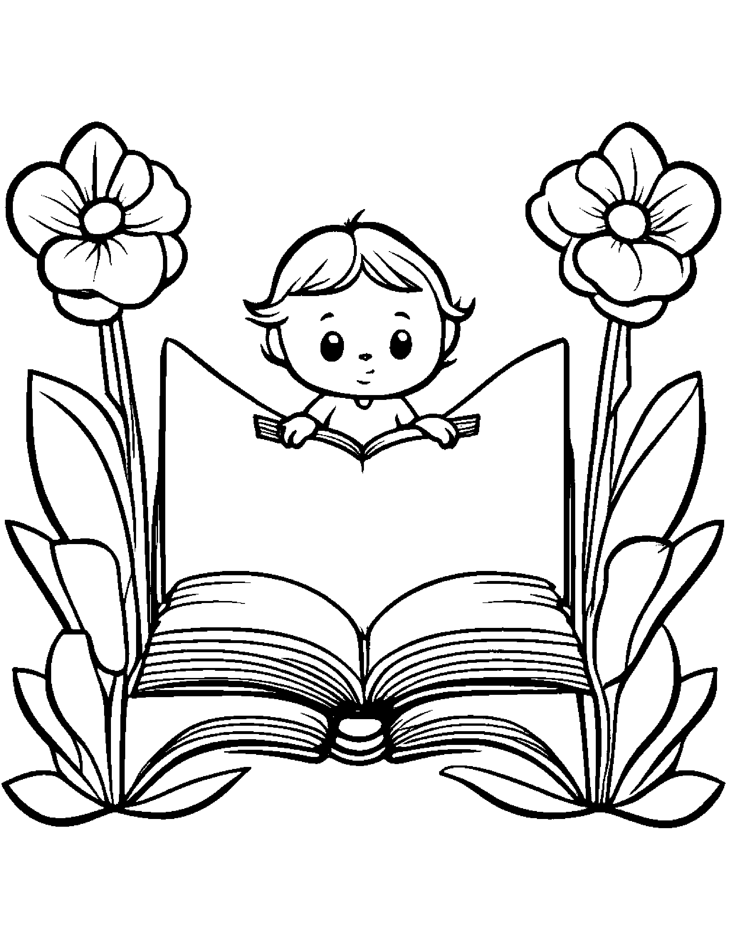 Tiny Flower Reading A Book Coloring Page (Free Printable PDF)