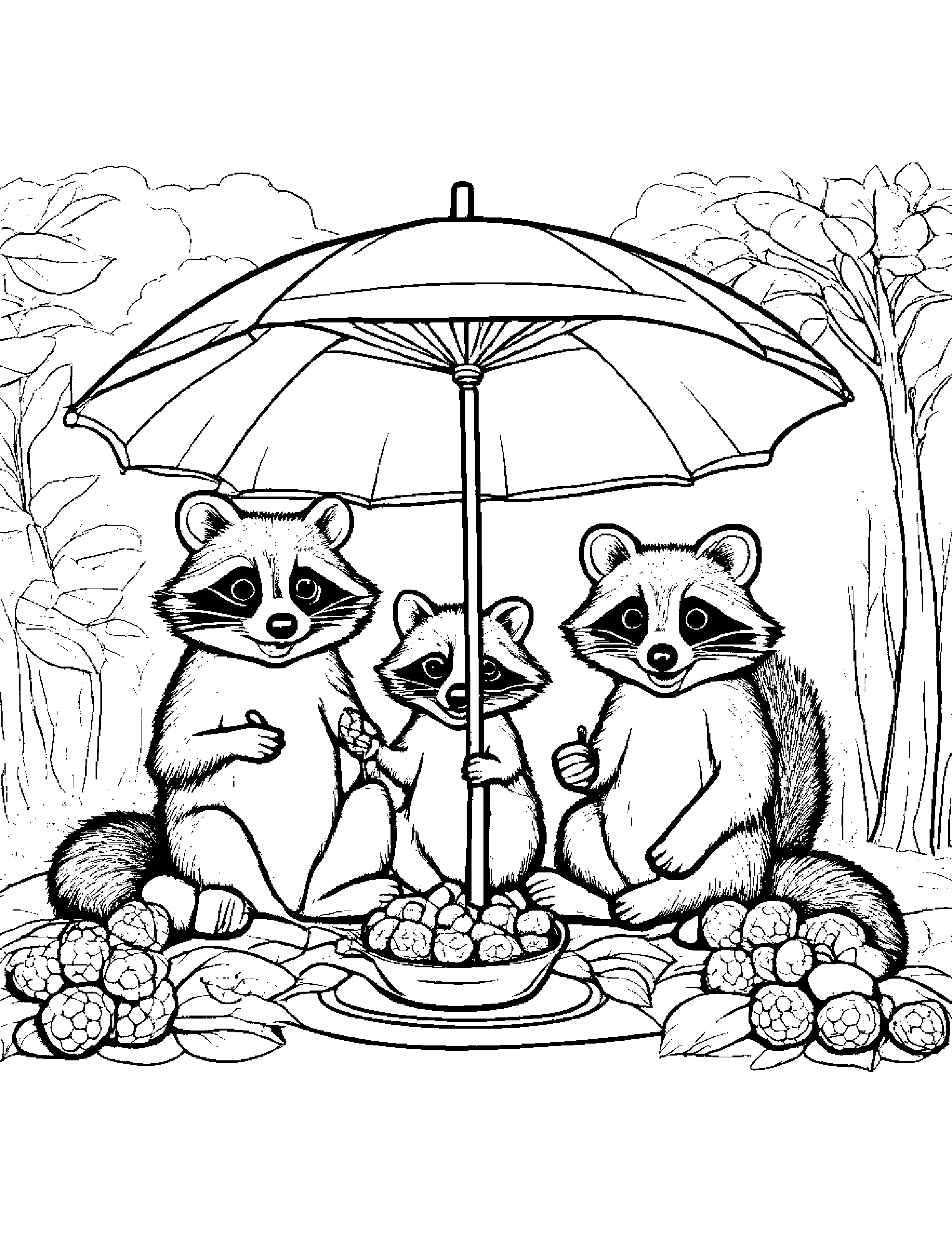 Raspberry Raccoon Family Picnicking Under A Raspberry Umbrella Coloring Page (Free Printable PDF)