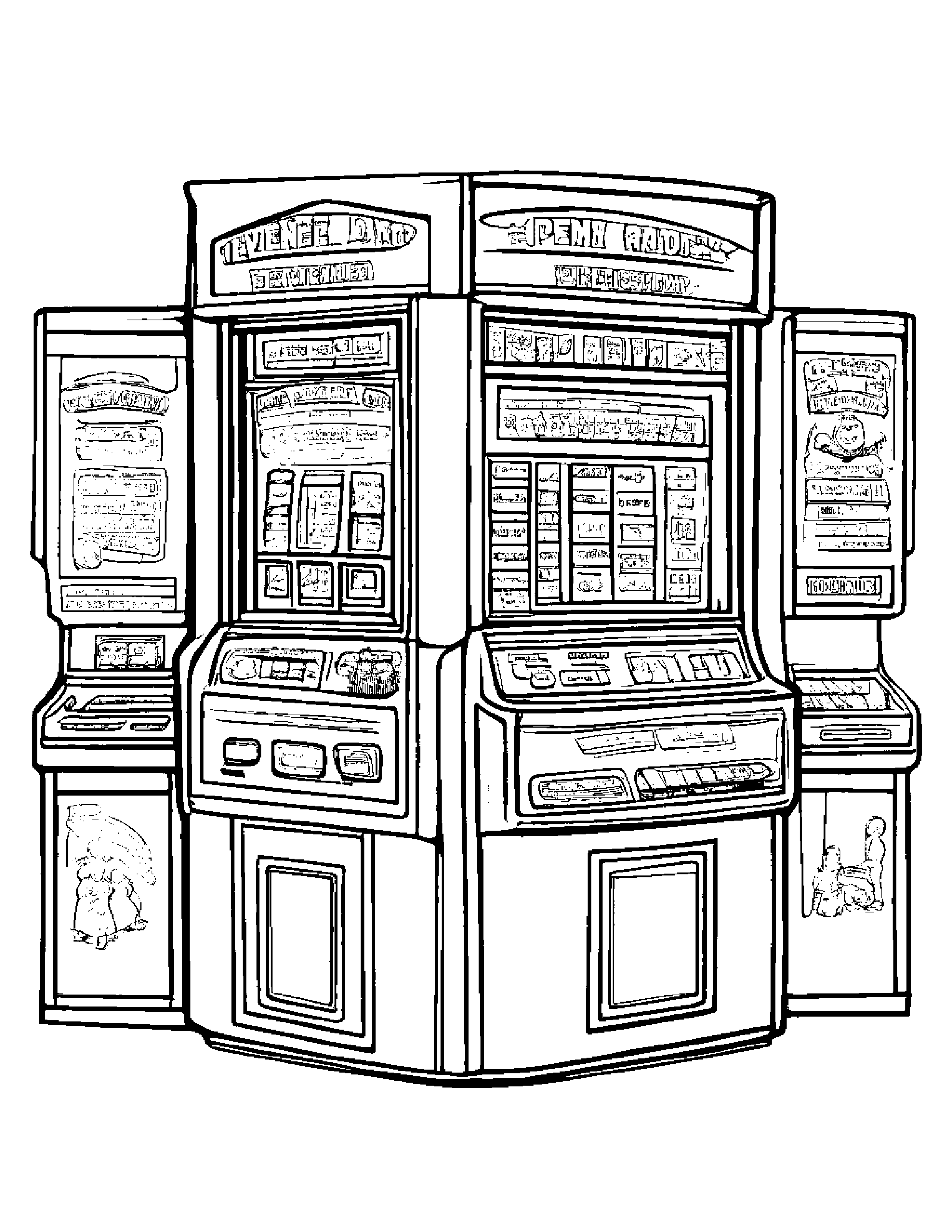 A Vintage Penny Arcade With Slot Machines And Games Coloring Page (Free Printable PDF)