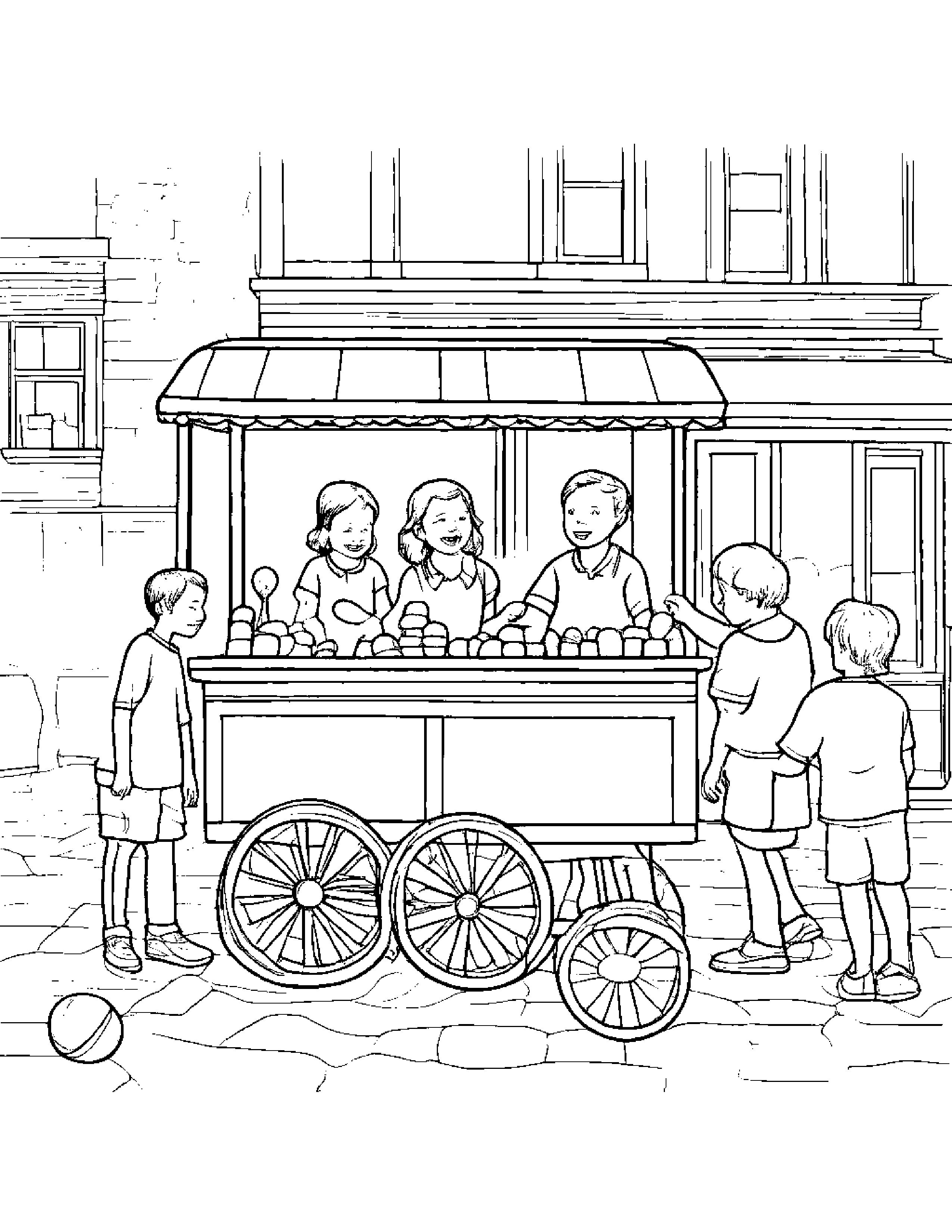 A Group Of Friends Playing Marbles In Front Of An Old-Fashioned Ice Cream Cart Coloring Page (Free Printable PDF)