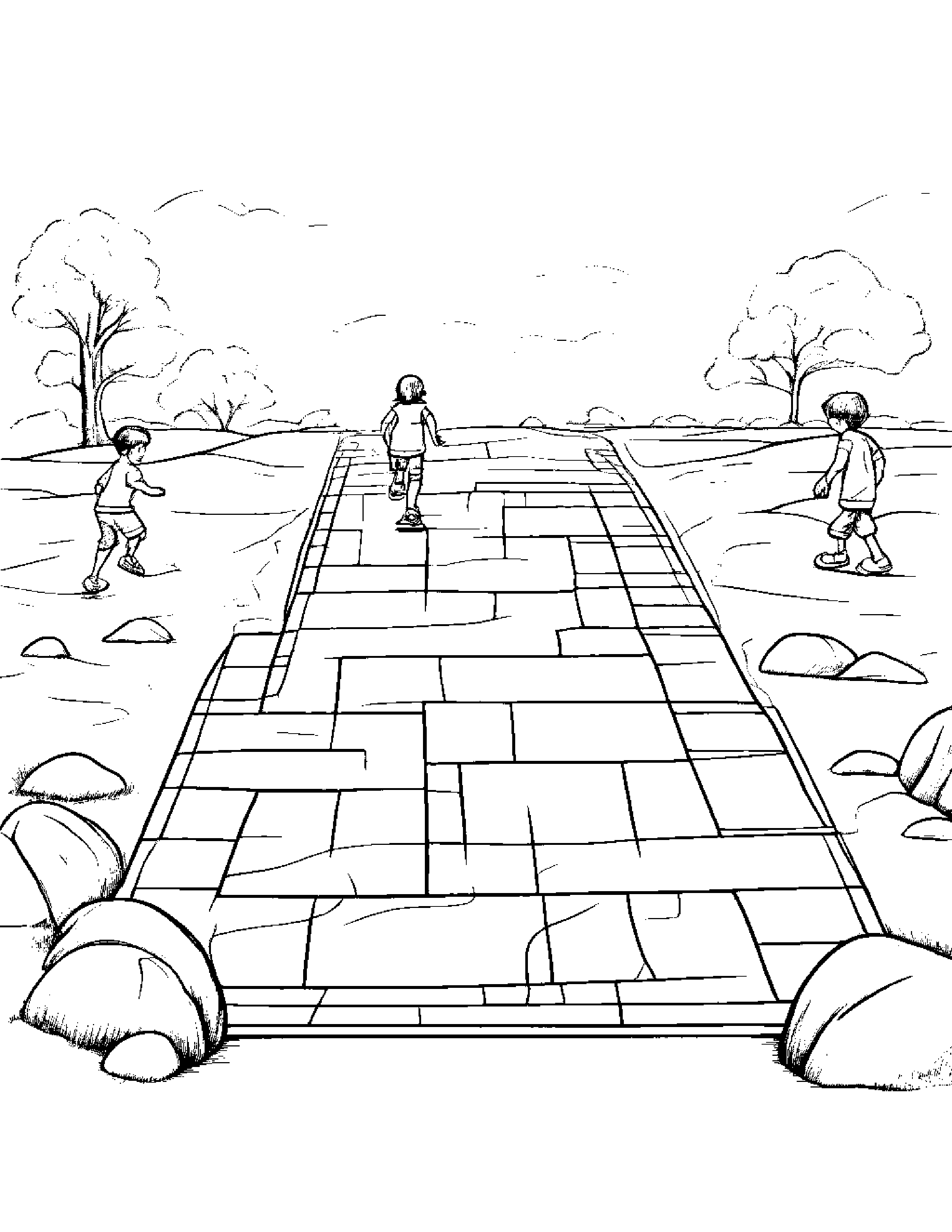 A Group Of Children Playing Hopscotch With Rocks Coloring Page (Free Printable PDF)