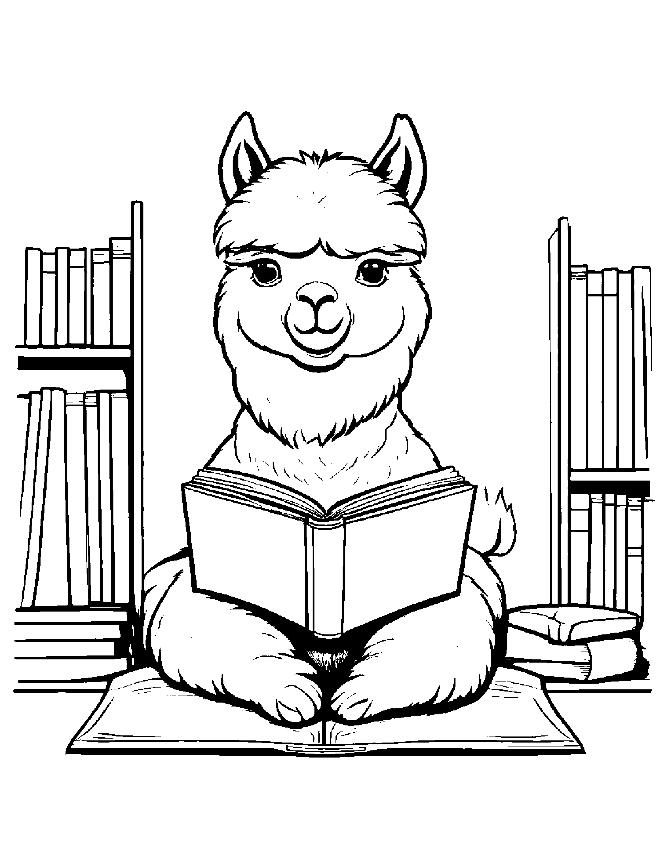 Alpaca Reading A Book #2 Coloring Page (Free Printable PDF)