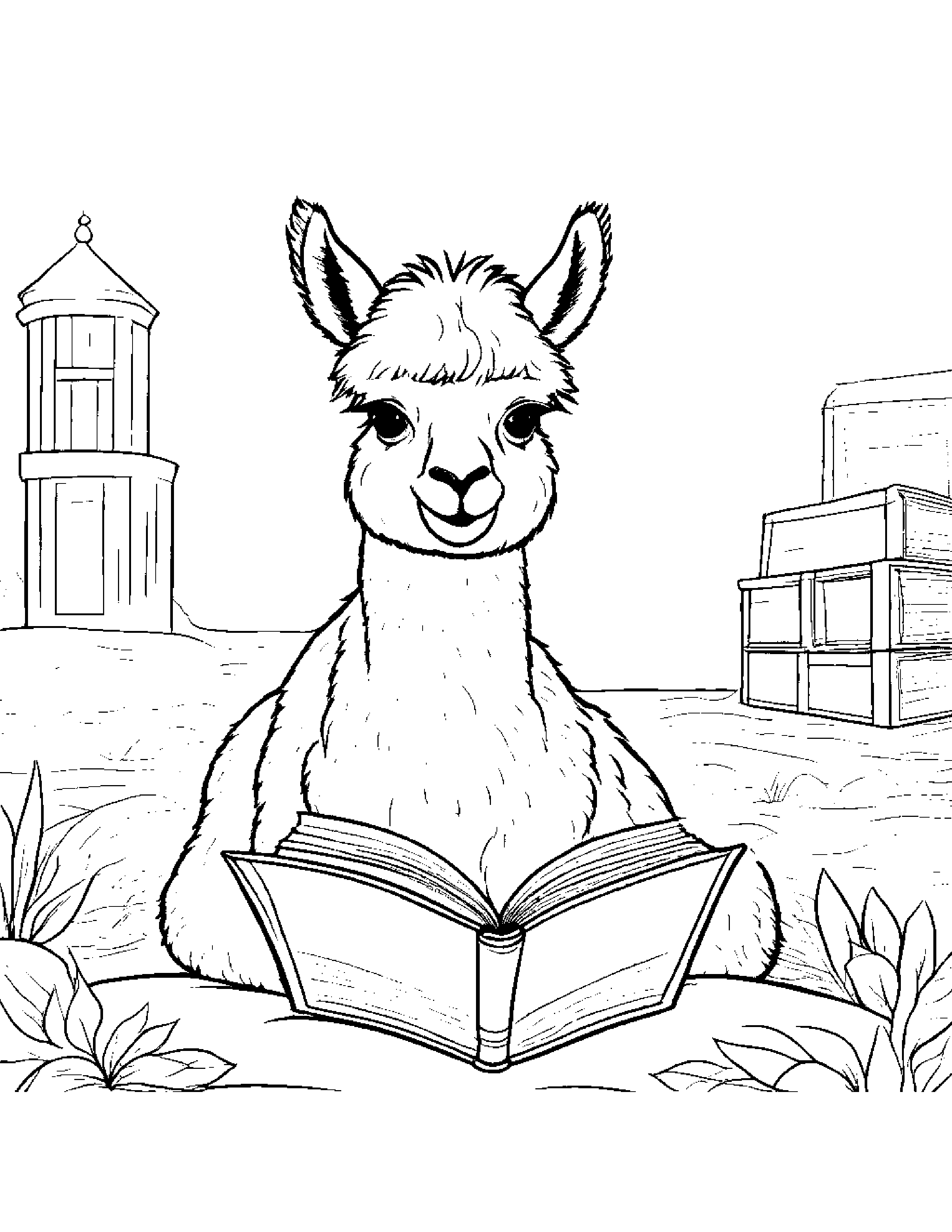 Alpaca Reading A Book Coloring Page (Free Printable PDF)