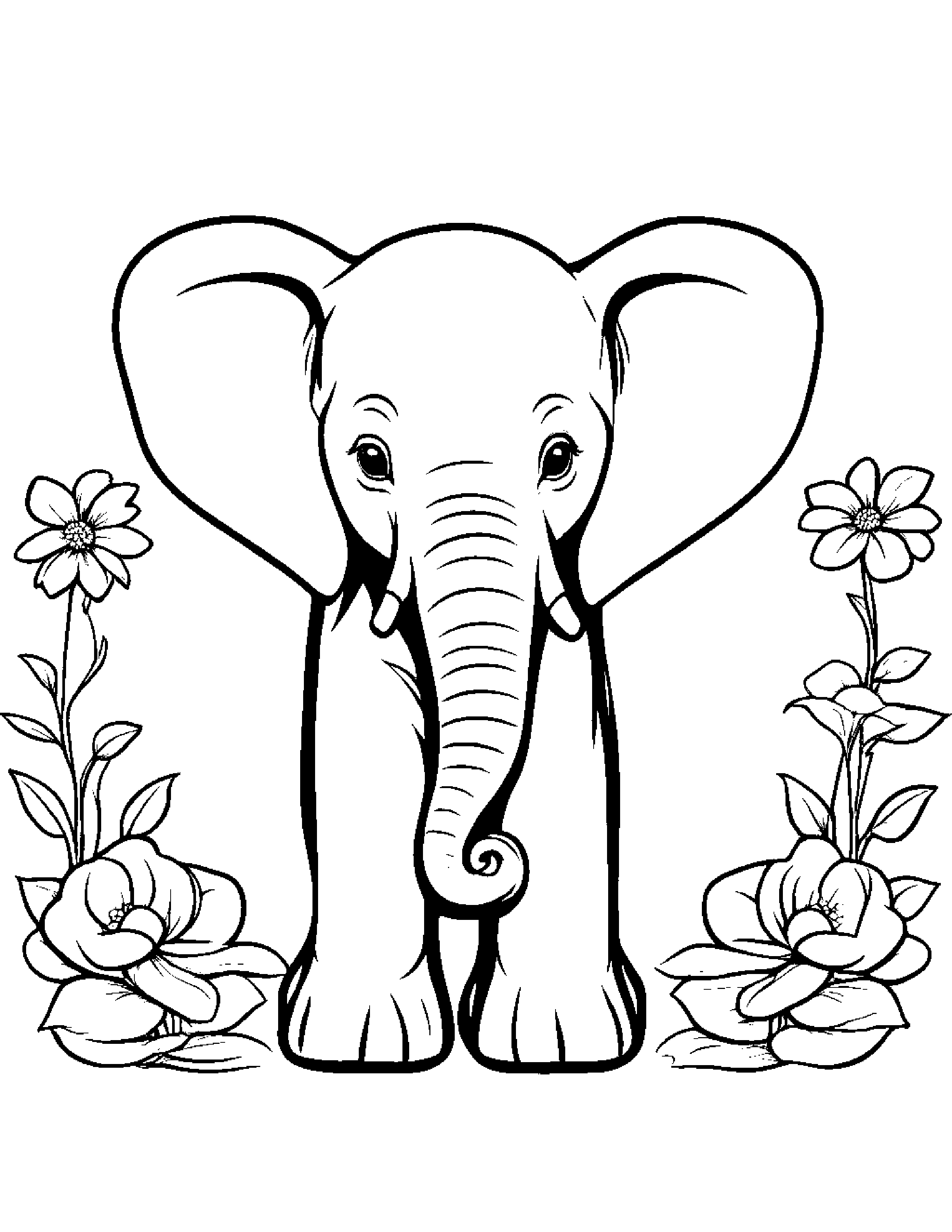 Elephant Calf With A Flower #2 Coloring Page (Free Printable PDF)