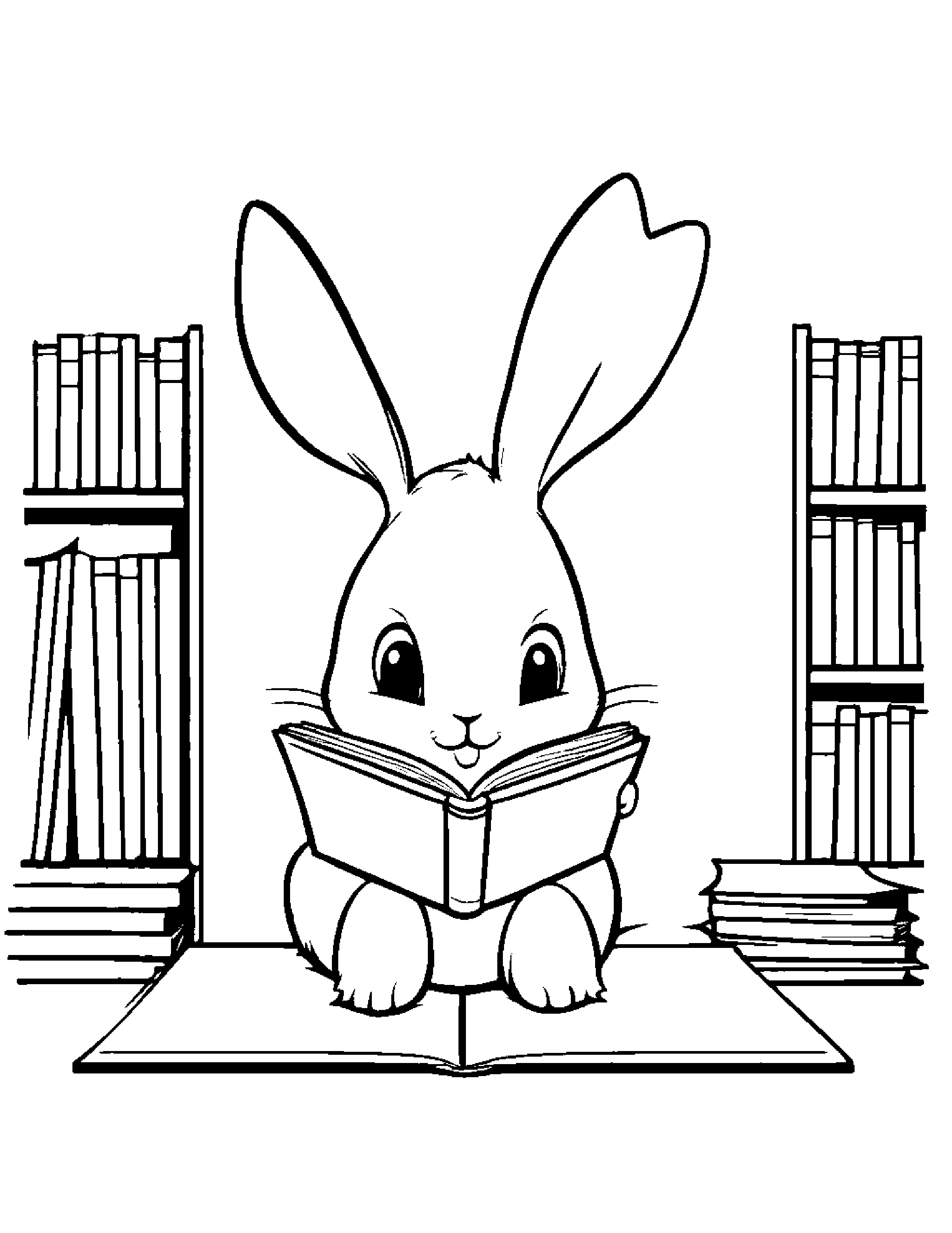 Bunny Reading A Book #2 Coloring Page (Free Printable PDF)