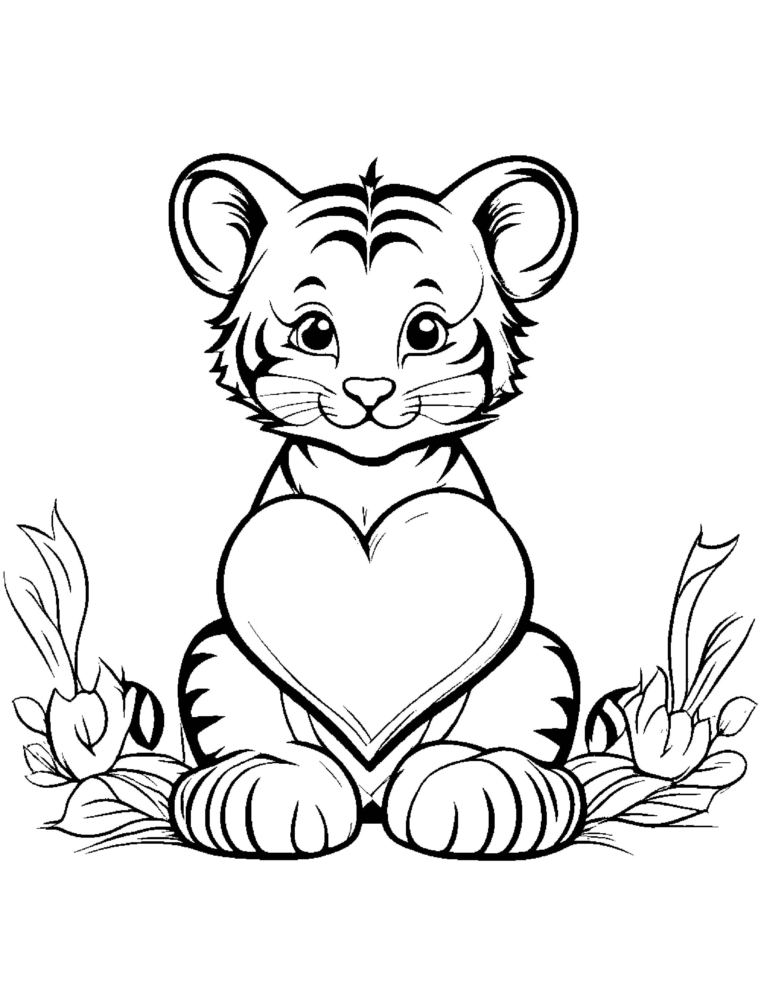 Happy Tiger Cub Hugging A Heart #2 Coloring Page (Free Printable PDF)