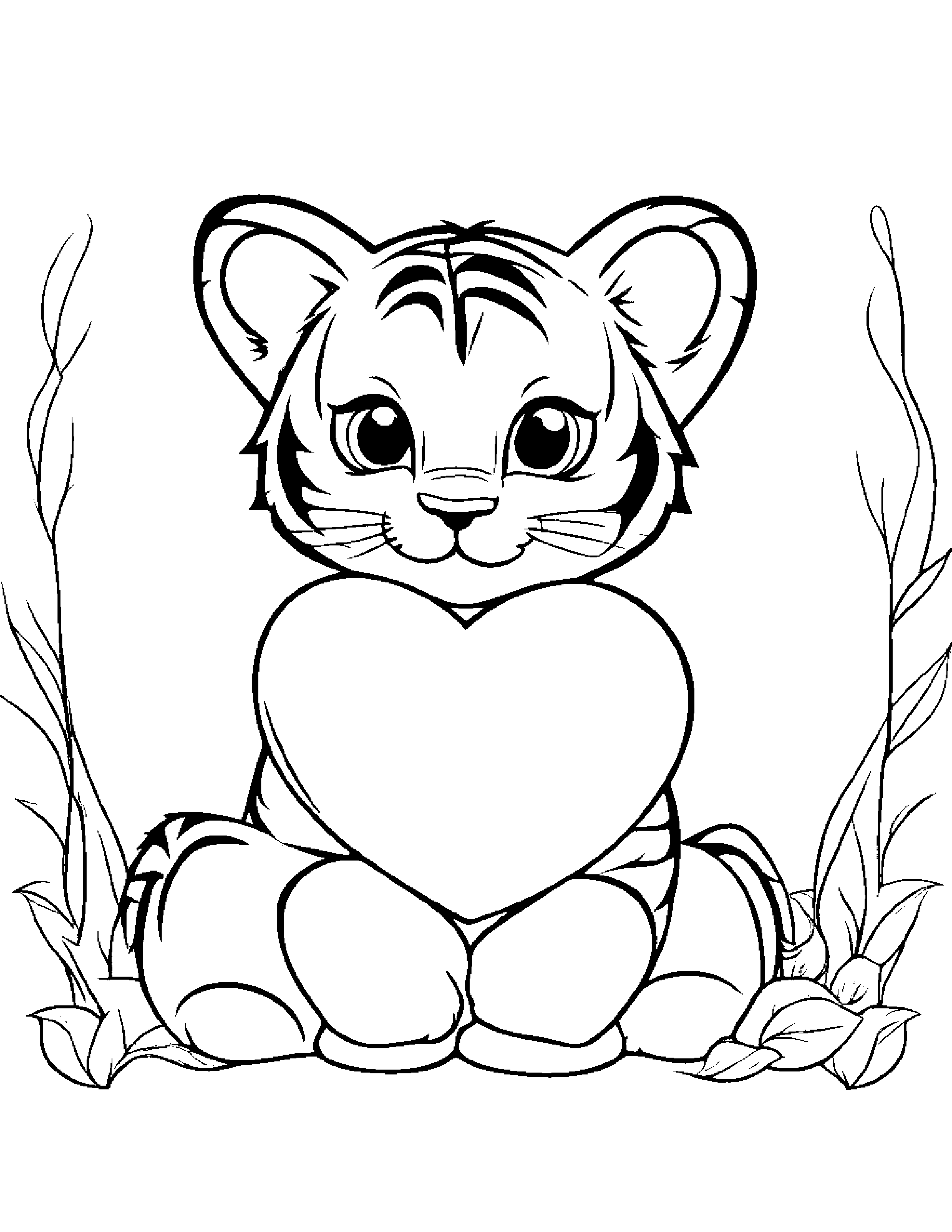Happy Tiger Cub Hugging A Heart Coloring Page (Free Printable PDF)
