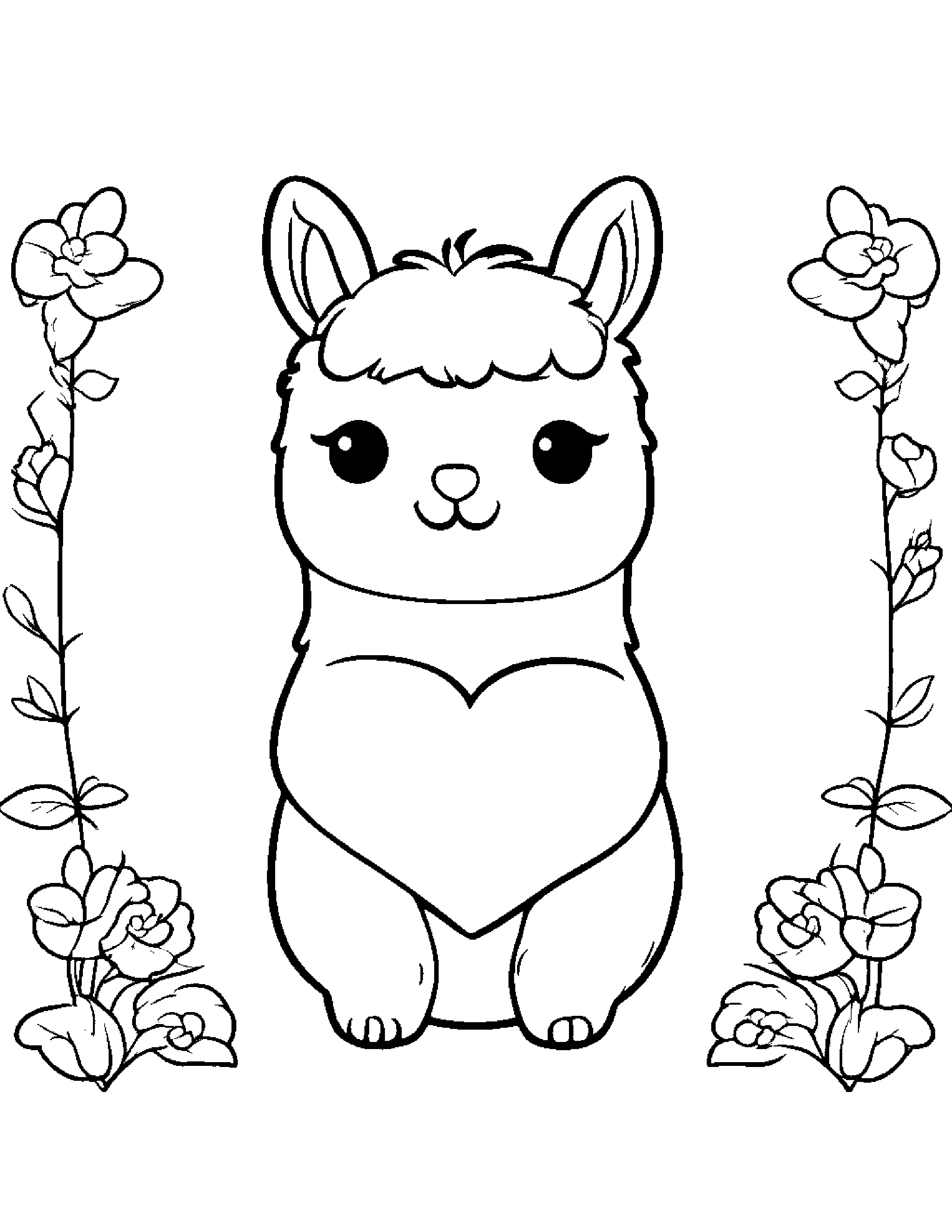 Kawaii Alpaca Hugging A Heart Coloring Page (Free Printable PDF)