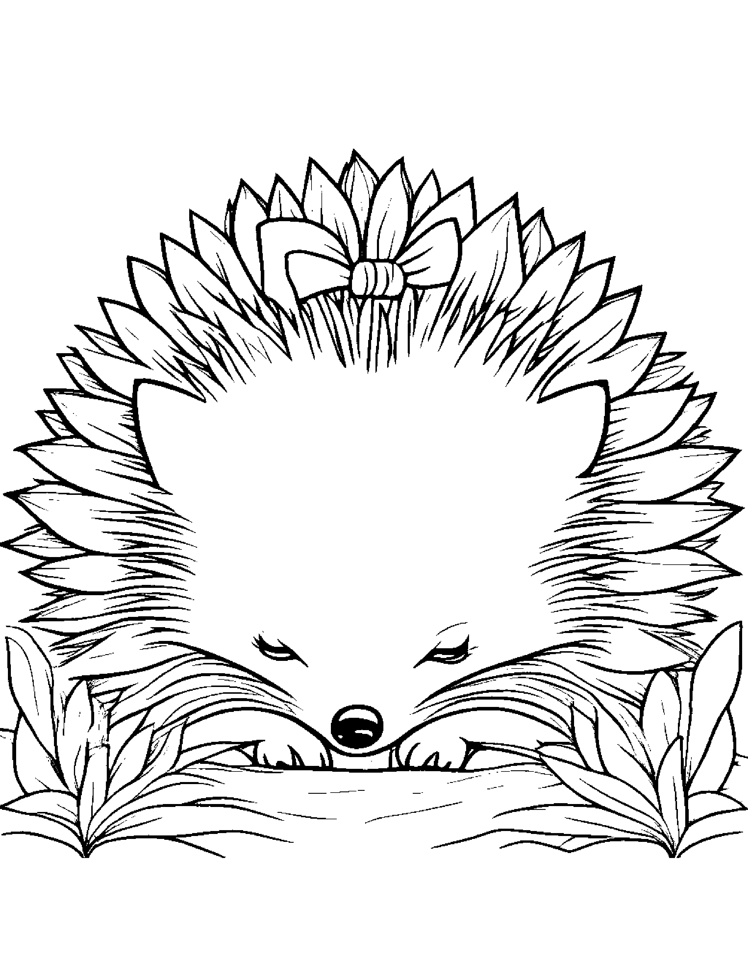 Sleepy Hedgehog With A Bow Coloring Page (Free Printable PDF)