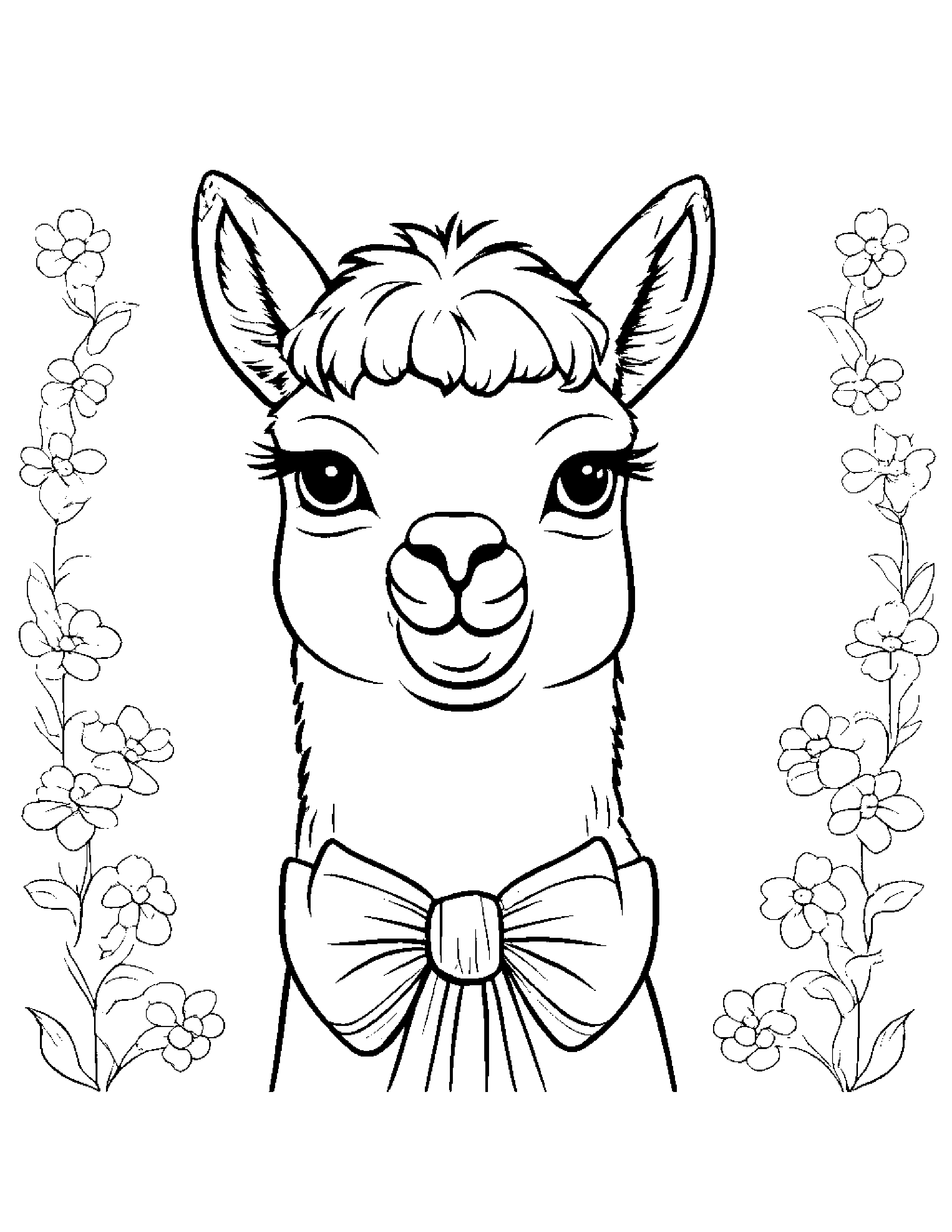 Smiling Alpaca With A Bow Coloring Page (Free Printable PDF)