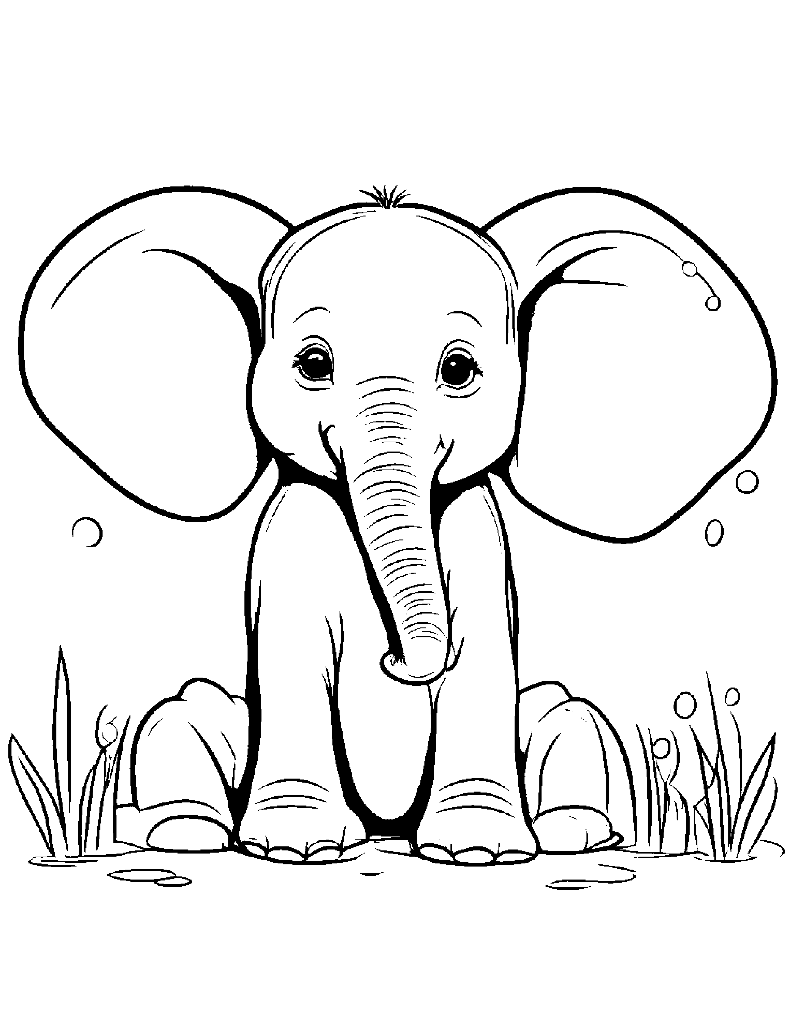 Happy Elephant Calf Blowing Bubbles Coloring Page (Free Printable PDF)