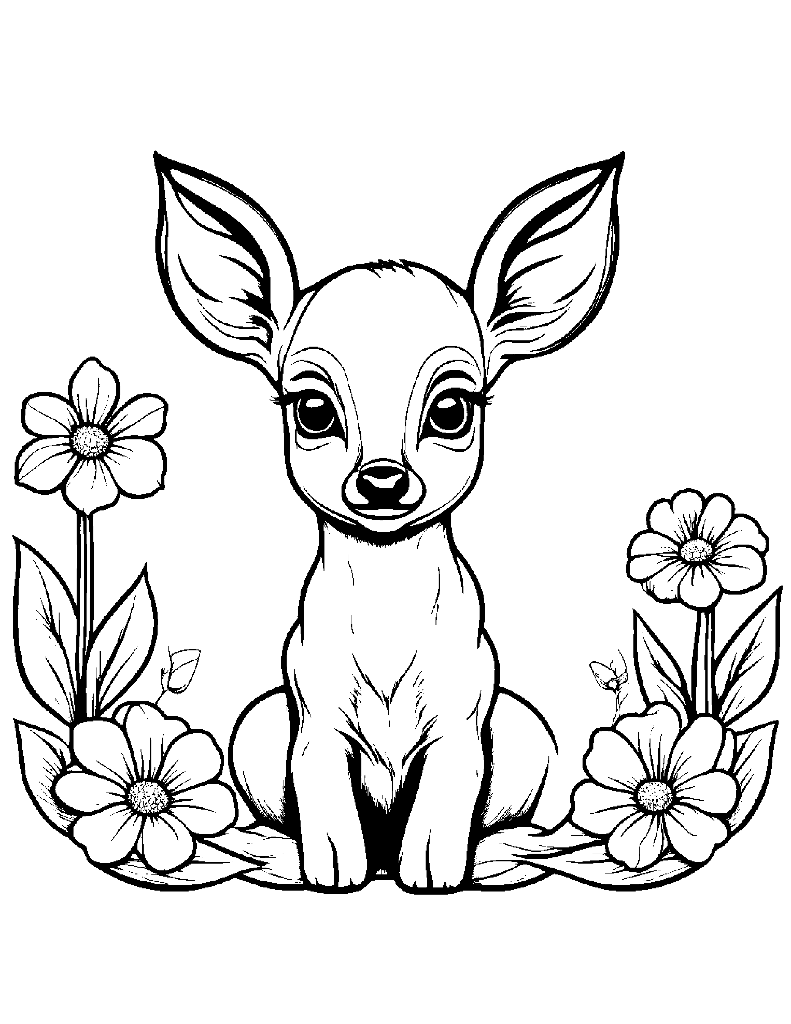 Baby Deer Fawn With A Flower #2 Coloring Page (Free Printable PDF)