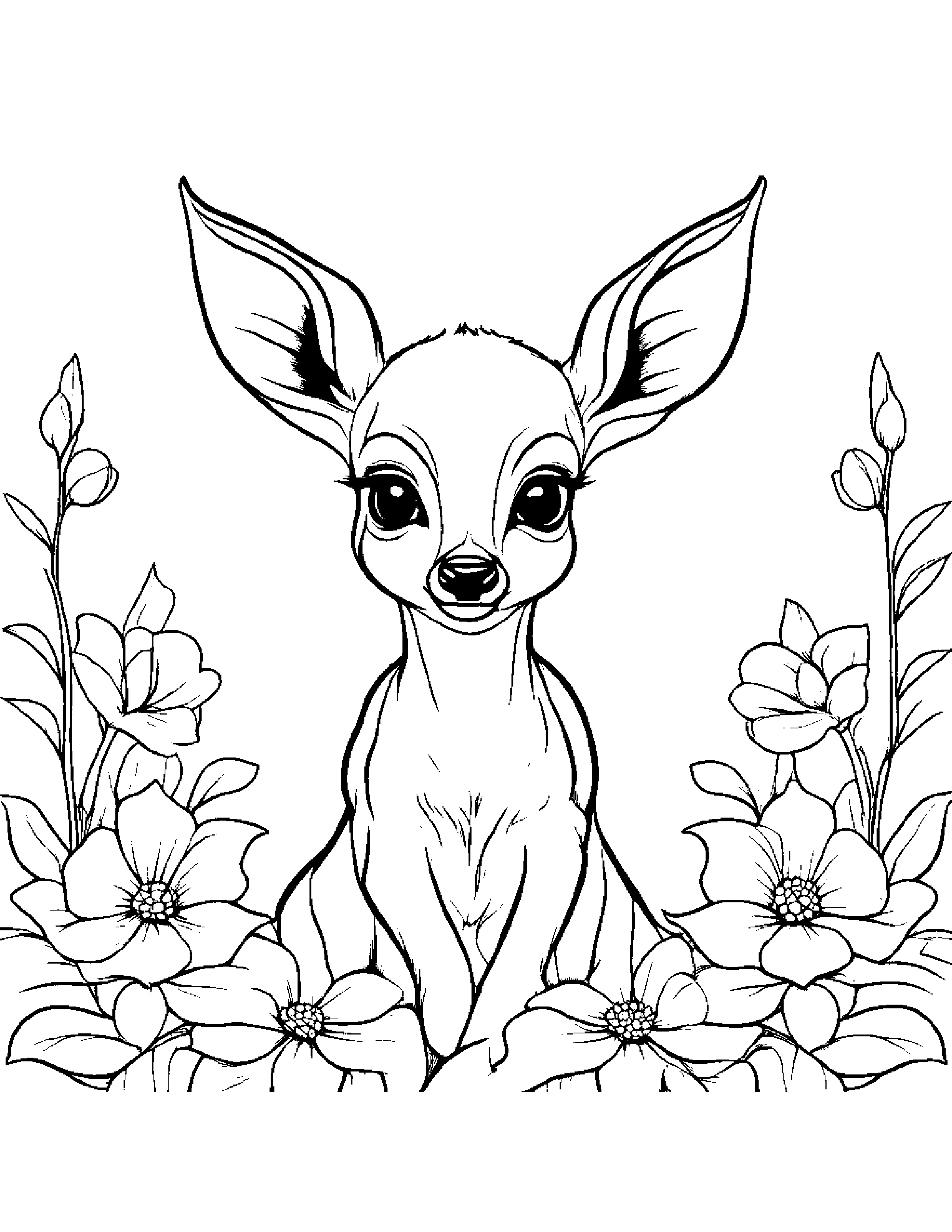 Baby Deer Fawn With A Flower Coloring Page (Free Printable PDF)