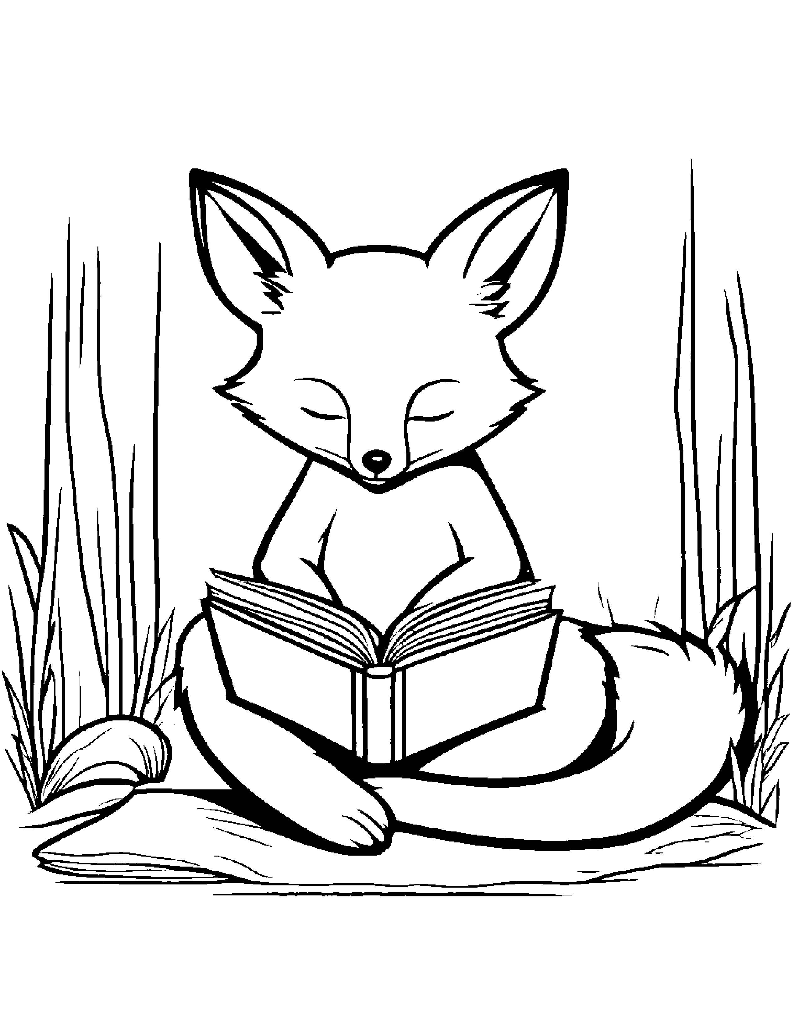 Sleepy Fox Reading A Book #2 Coloring Page (Free Printable PDF)