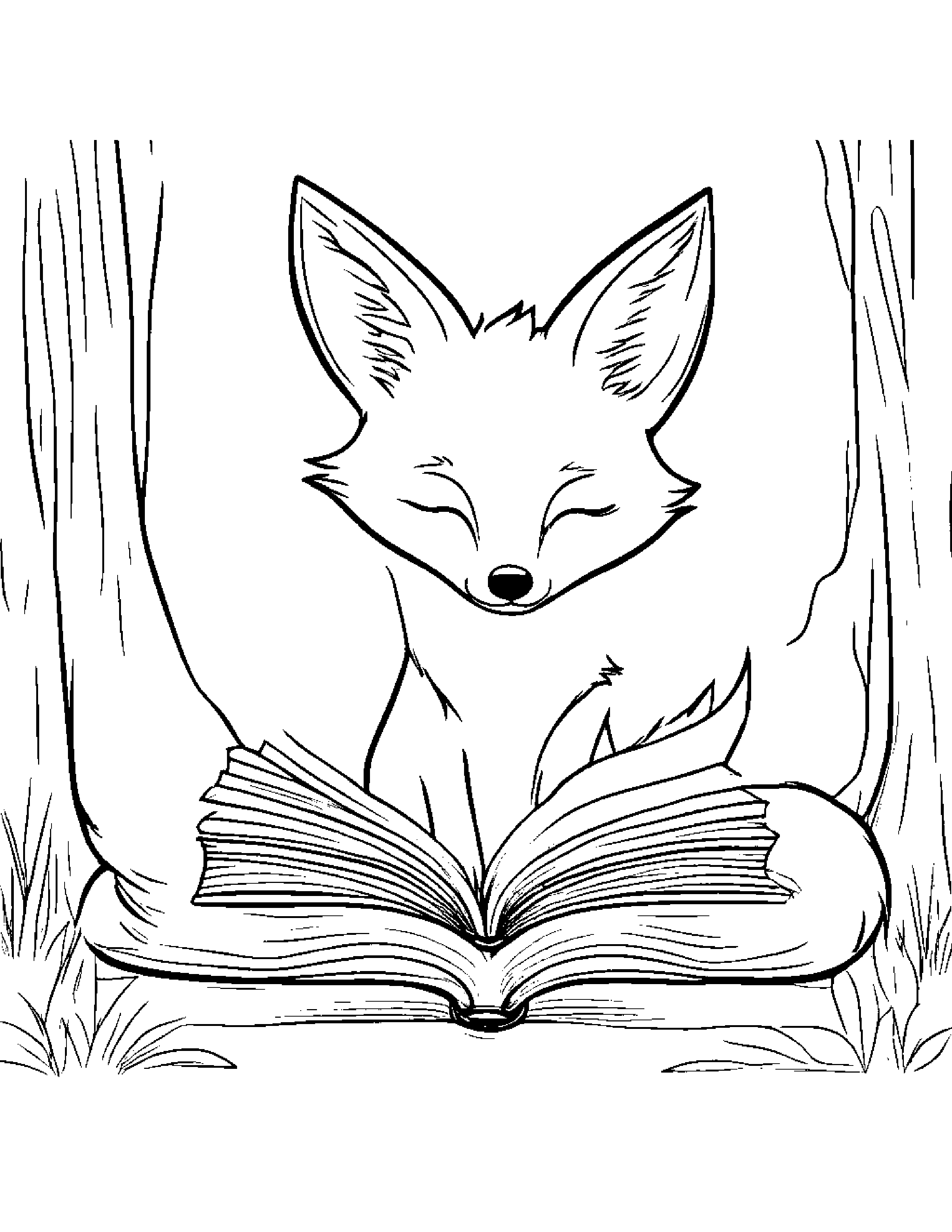 Sleepy Fox Reading A Book Coloring Page (Free Printable PDF)