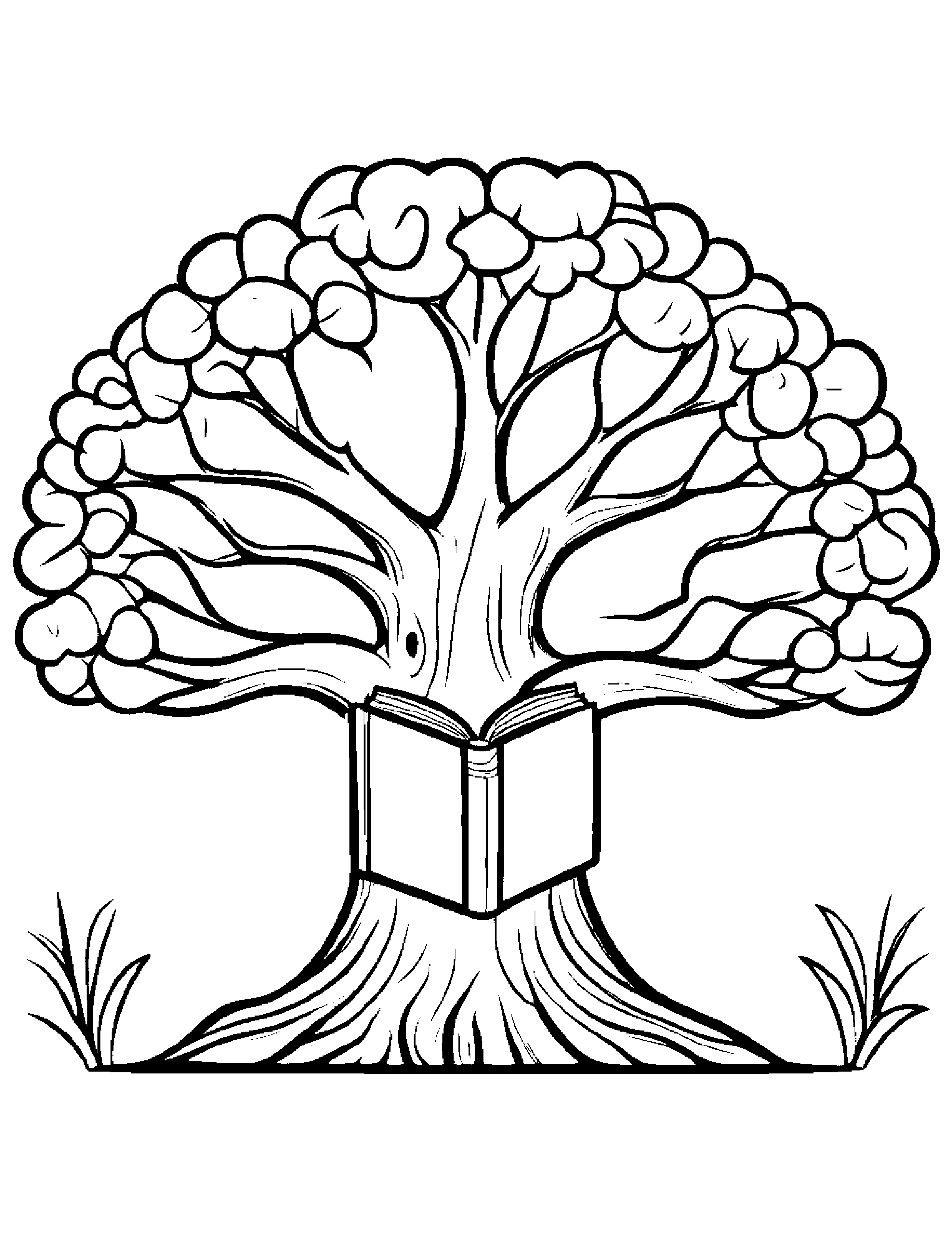 Kawaii Tree Reading A Book #2 Coloring Page (Free Printable PDF)
