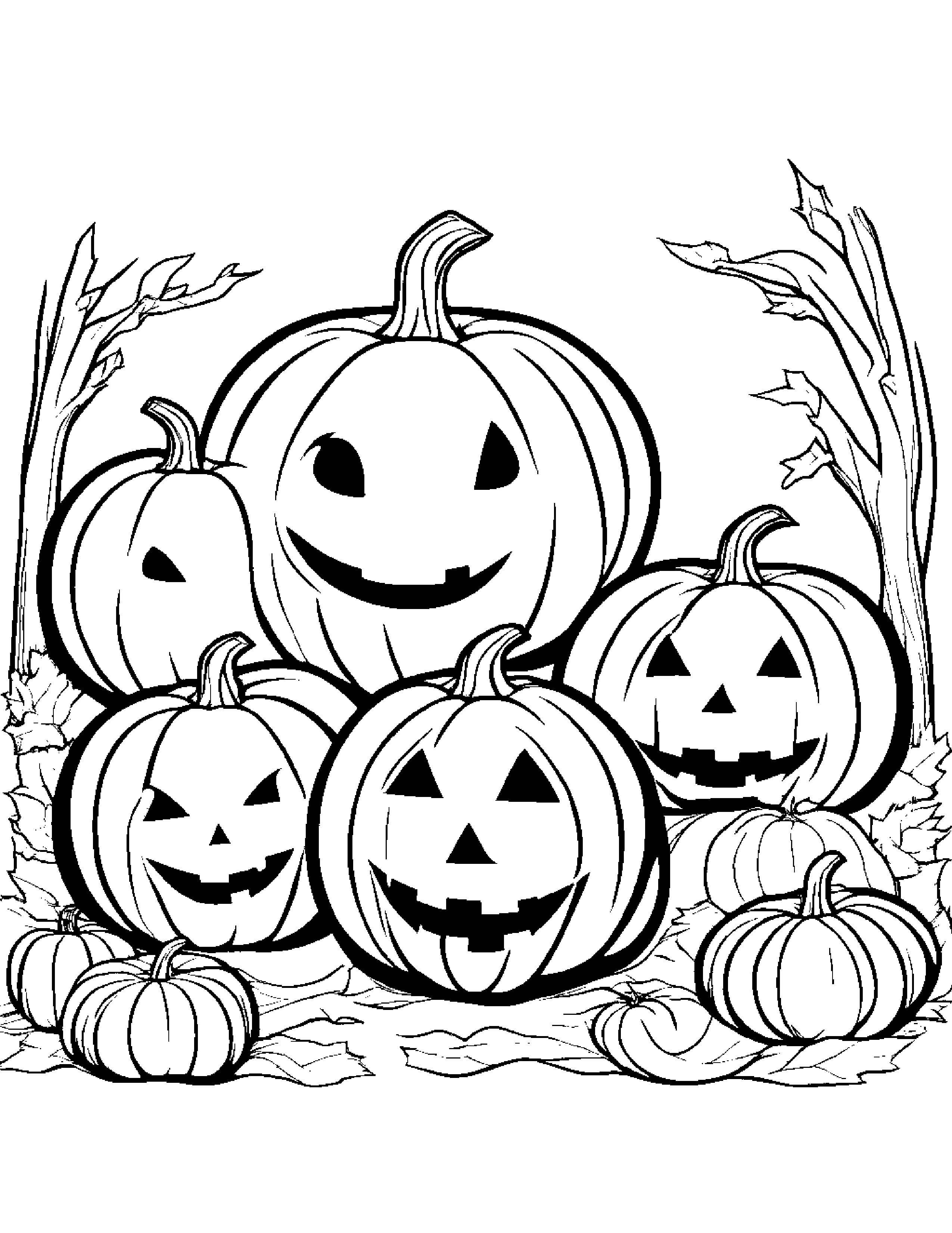 Friendly Pumpkins Carving Pumpkins Together On Halloween Night Coloring Page (Free Printable PDF)