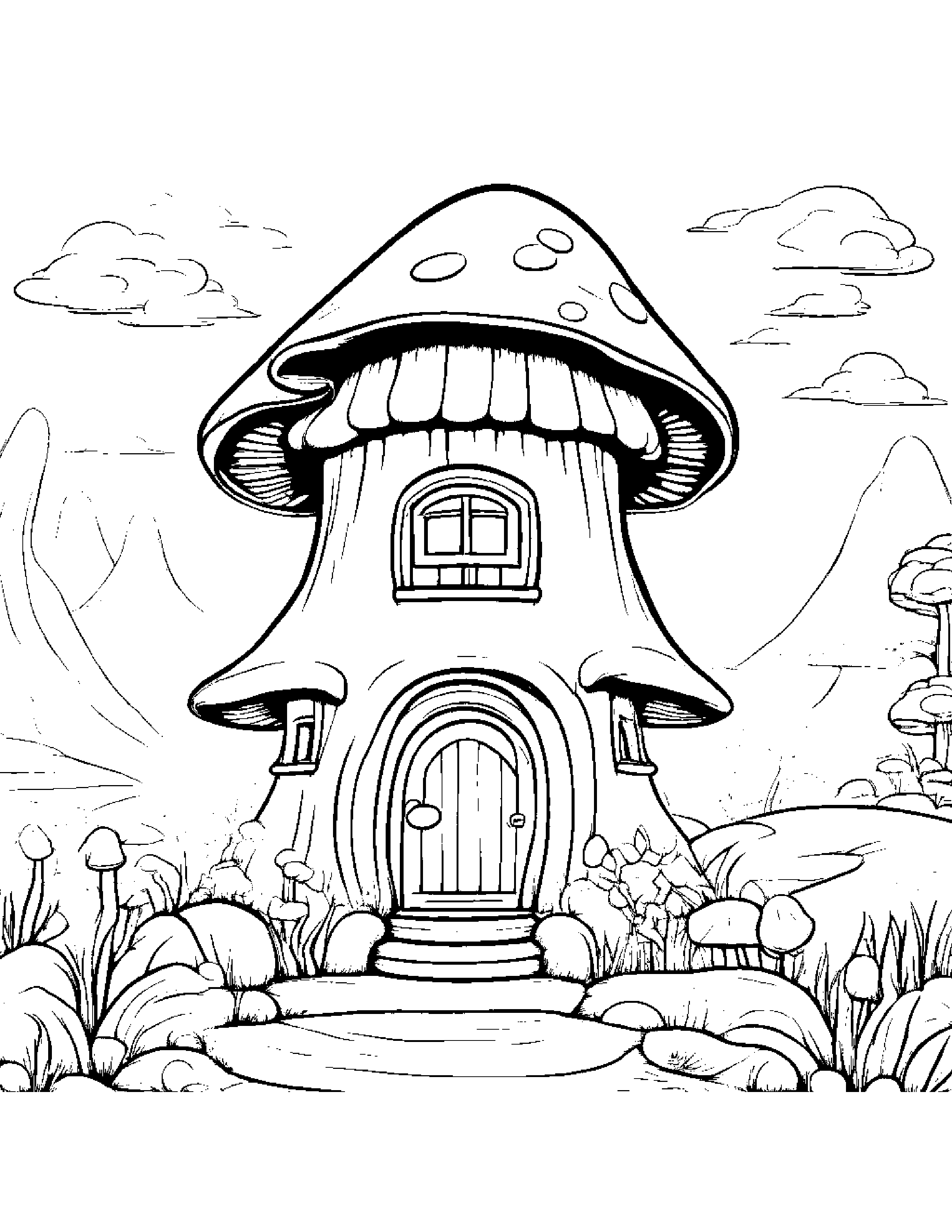 Gentle Mushroom House With A Bow Coloring Page (Free Printable PDF)