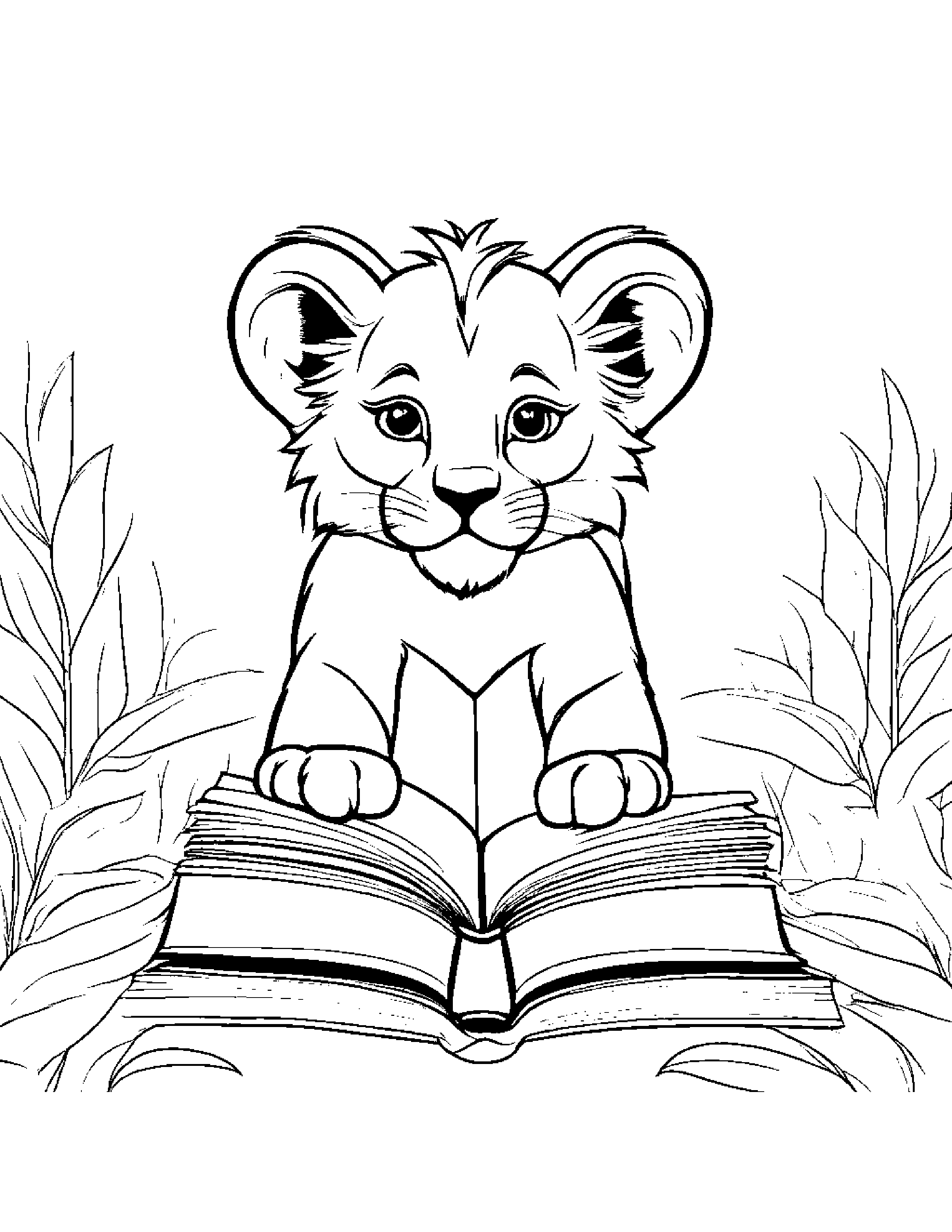 Gentle Lion Cub Reading A Book Coloring Page (Free Printable PDF)