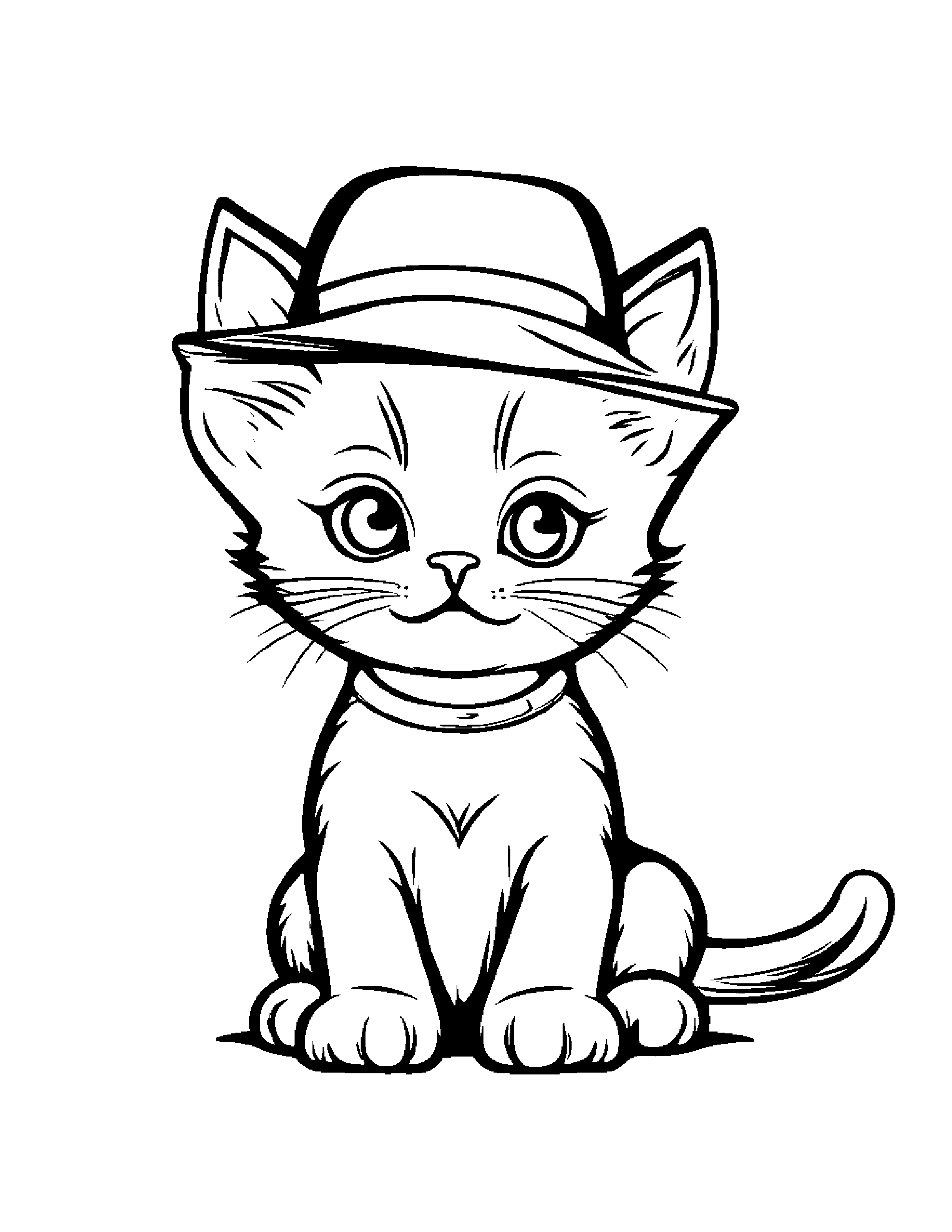 Little Kitten Wearing A Hat #2 Coloring Page (Free Printable PDF)