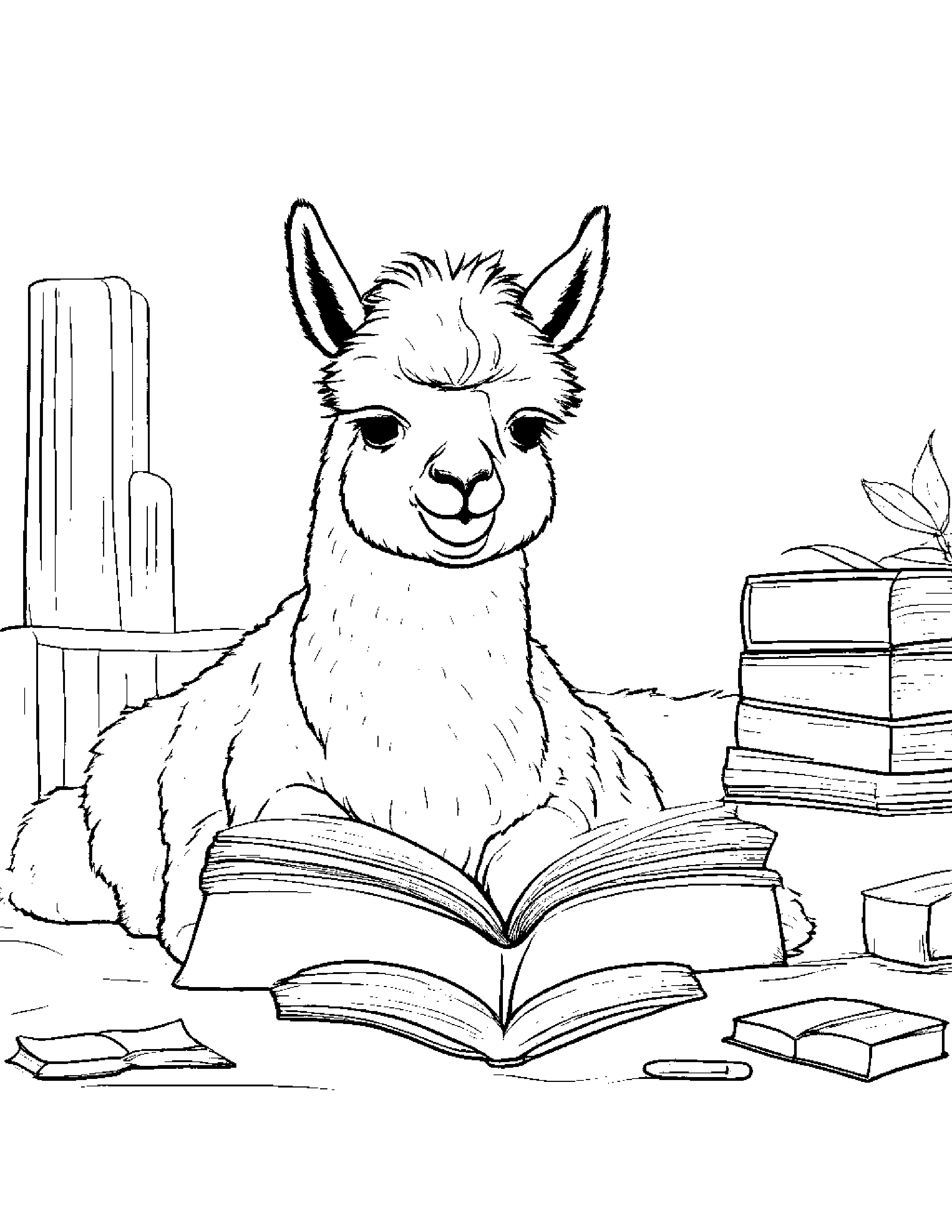 Sleepy Alpaca Reading A Book Coloring Page (Free Printable PDF)