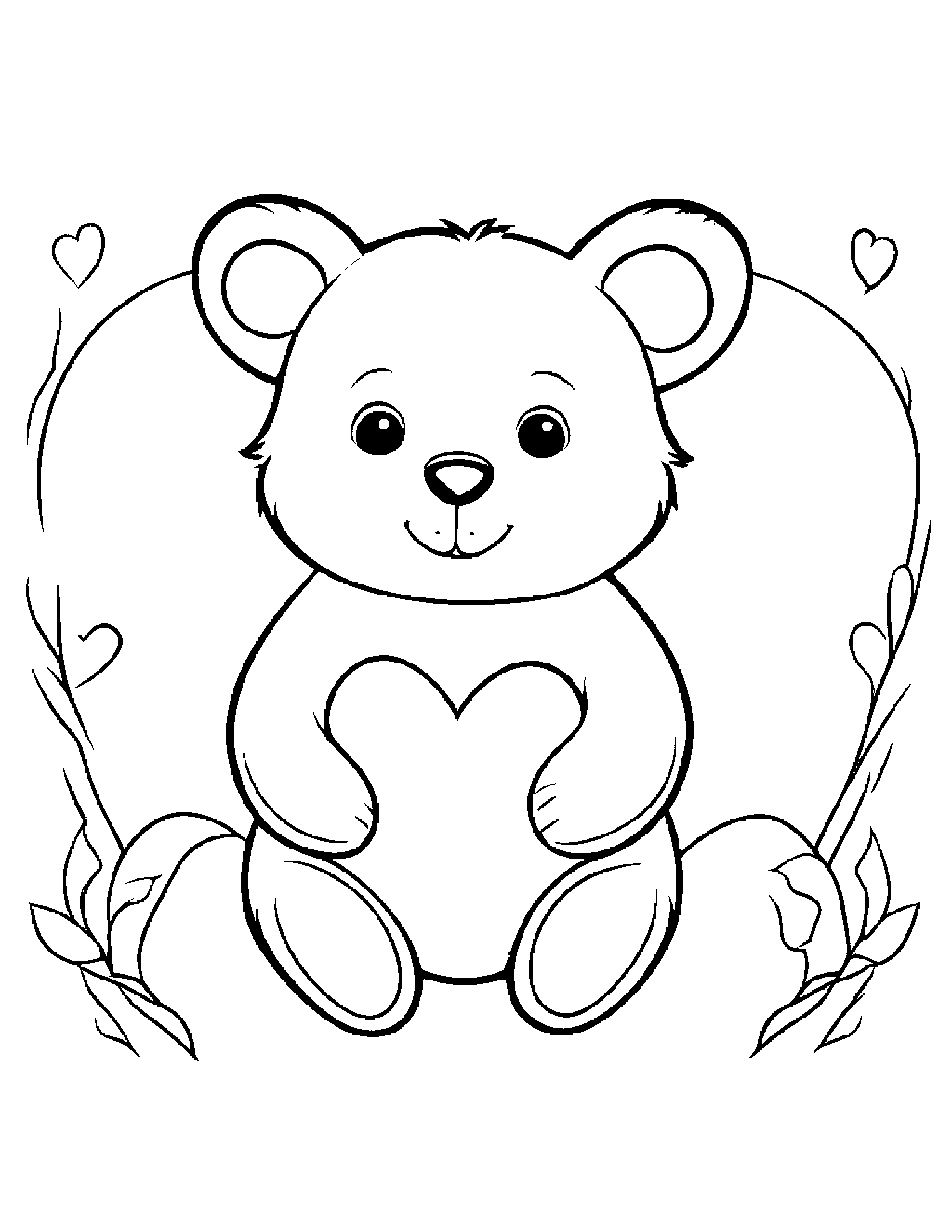 Smiling Bear Cub Hugging A Heart Coloring Page (Free Printable PDF)