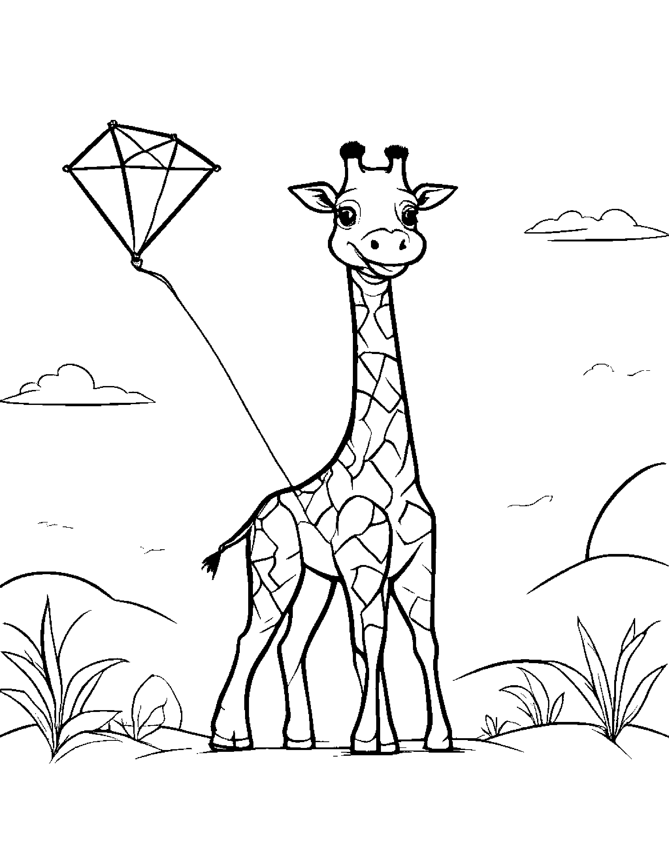 Smiling Giraffe With A Kite #2 Coloring Page (Free Printable PDF)
