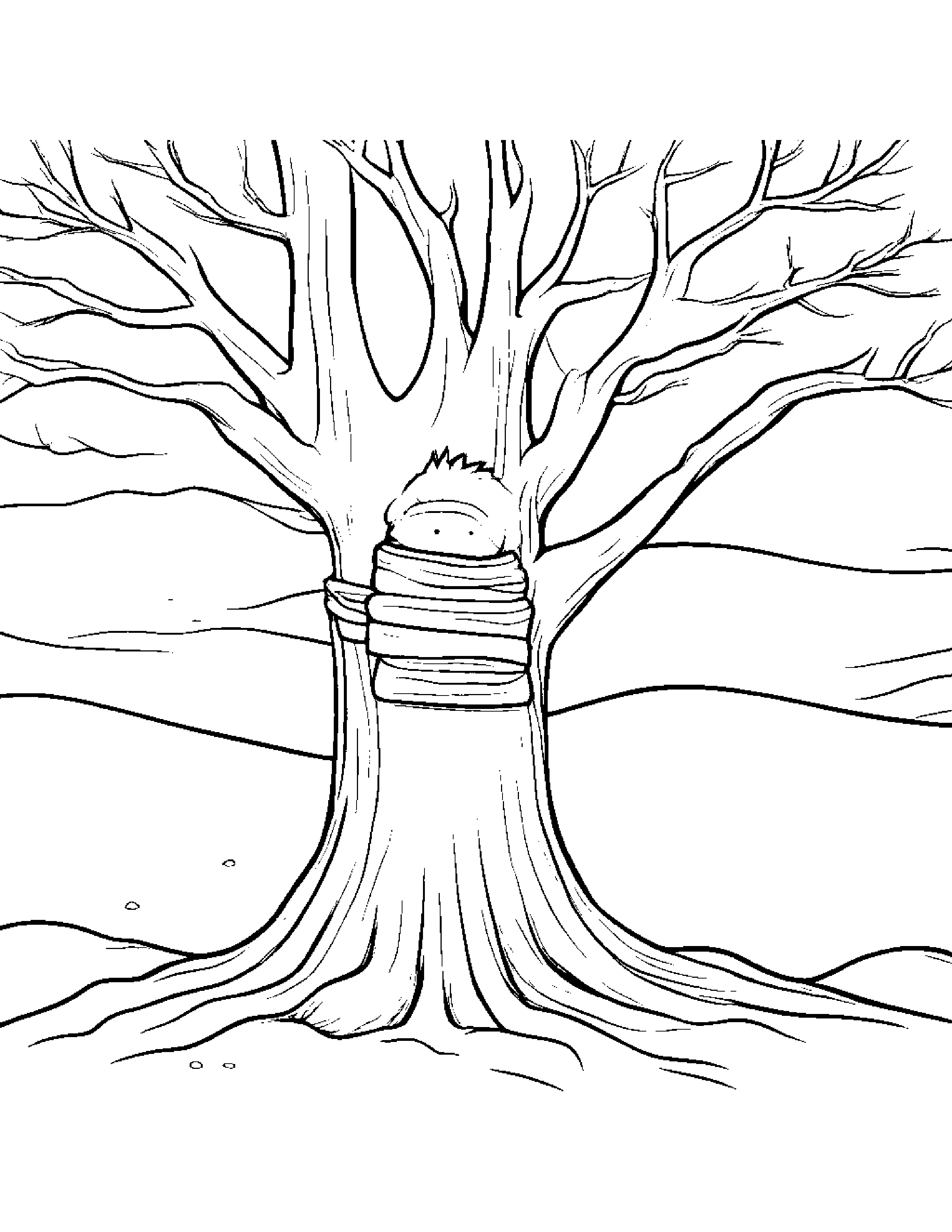 Sleepy Snowy Tree With Scarf Coloring Page (Free Printable PDF)