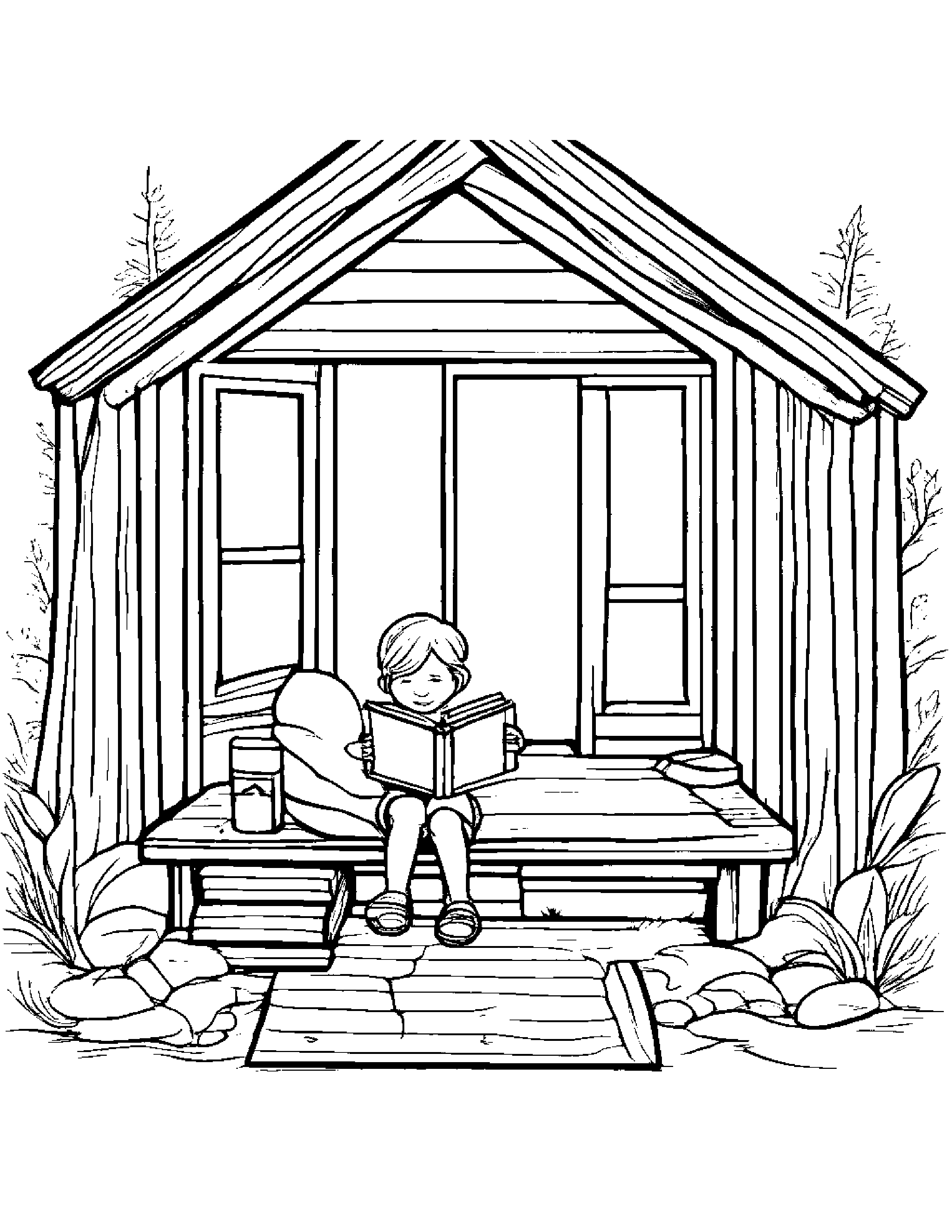 Little Tiny Cabin Reading A Book #2 Coloring Page (Free Printable PDF)