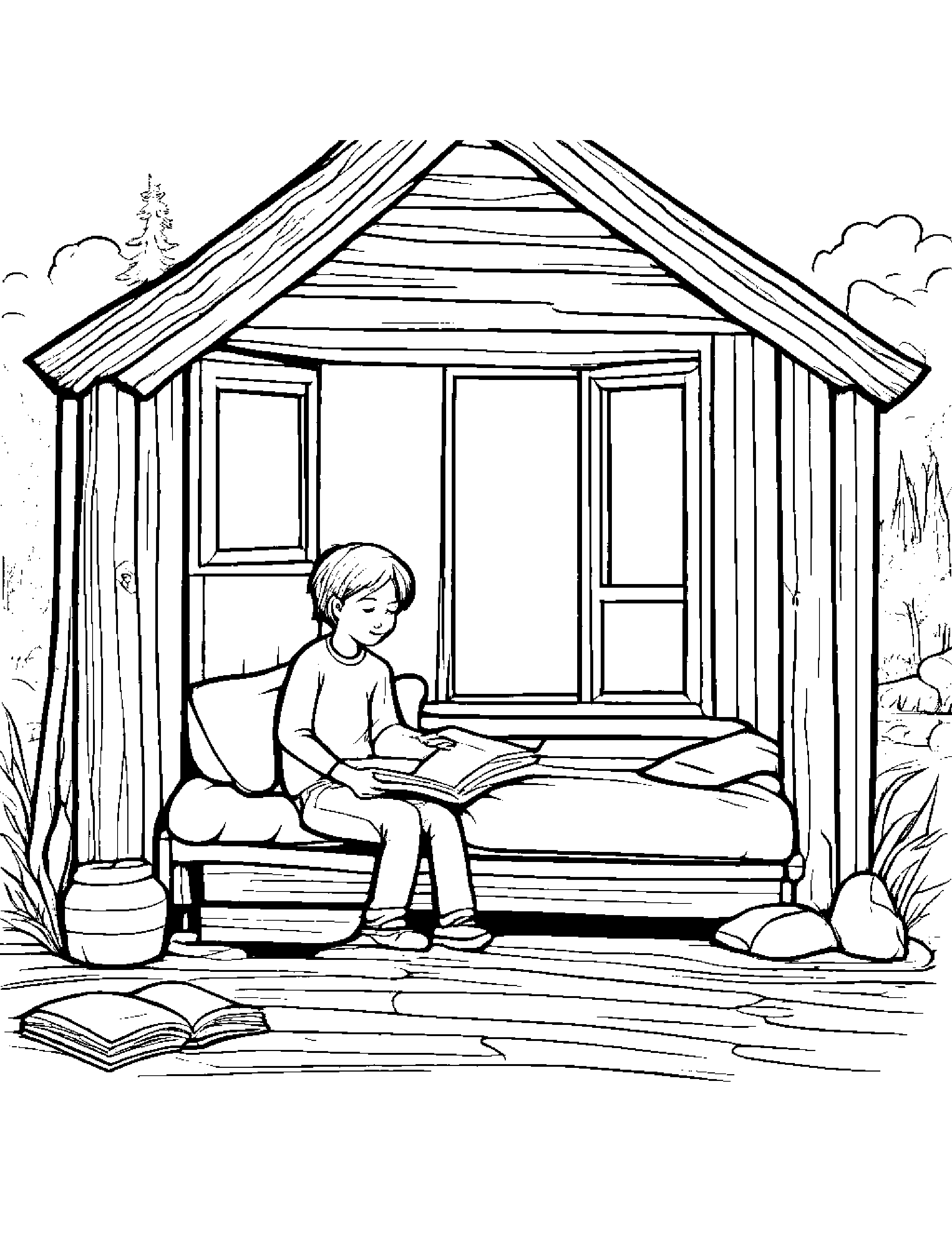 Sleepy Tiny Cabin Reading A Book #2 Coloring Page (Free Printable PDF)