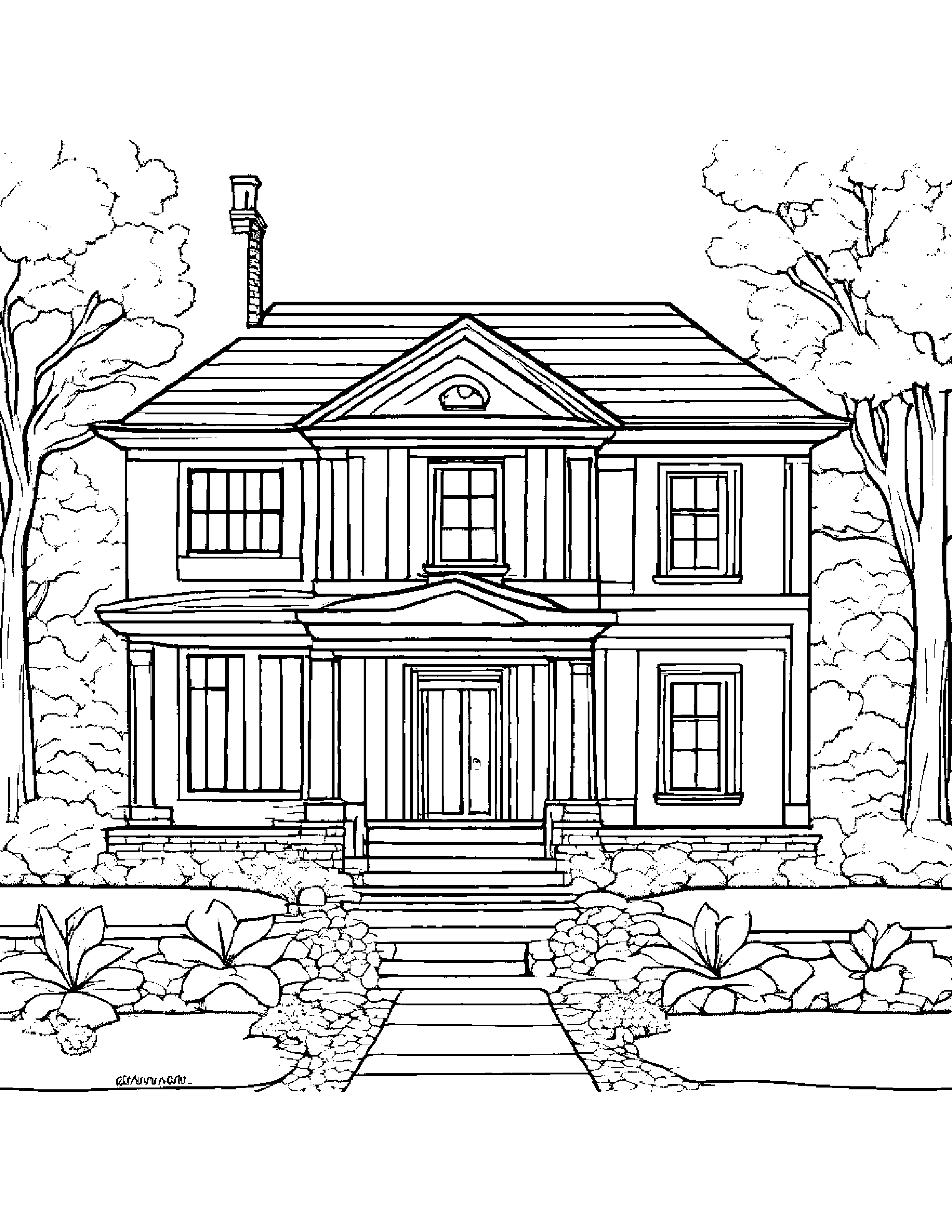 1-Story Colonial House Coloring Page (Free Printable PDF)