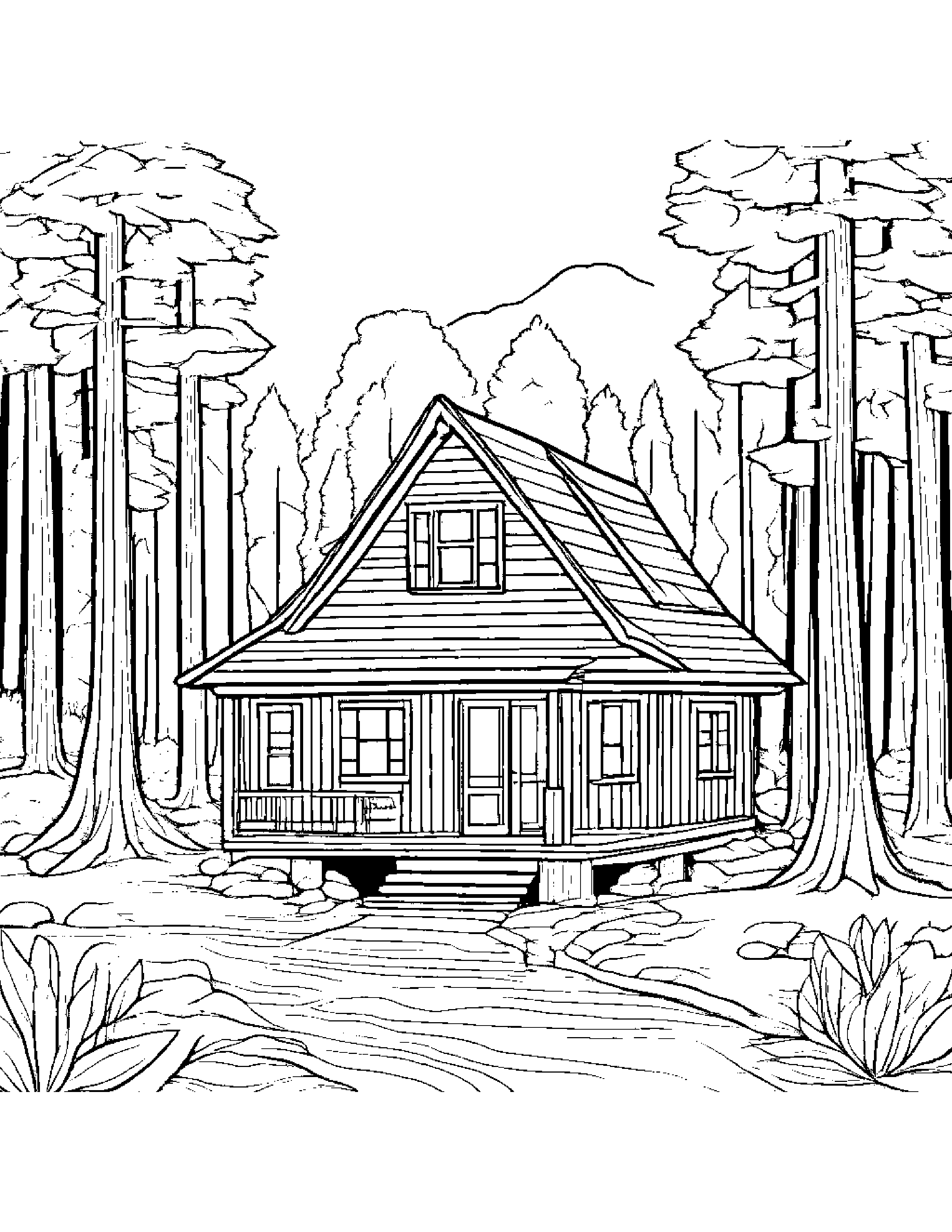 A Cozy Cabin In The Woods Coloring Page (Free Printable PDF)