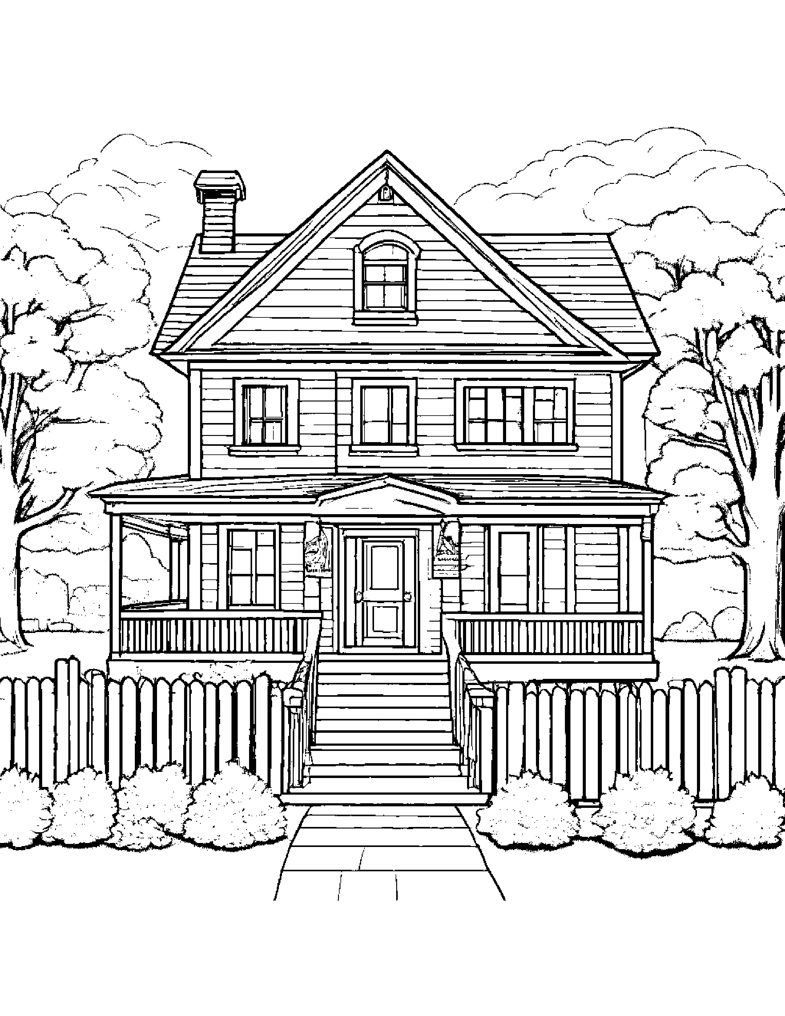 A Farmhouse With A Porch Coloring Page (Free Printable PDF)