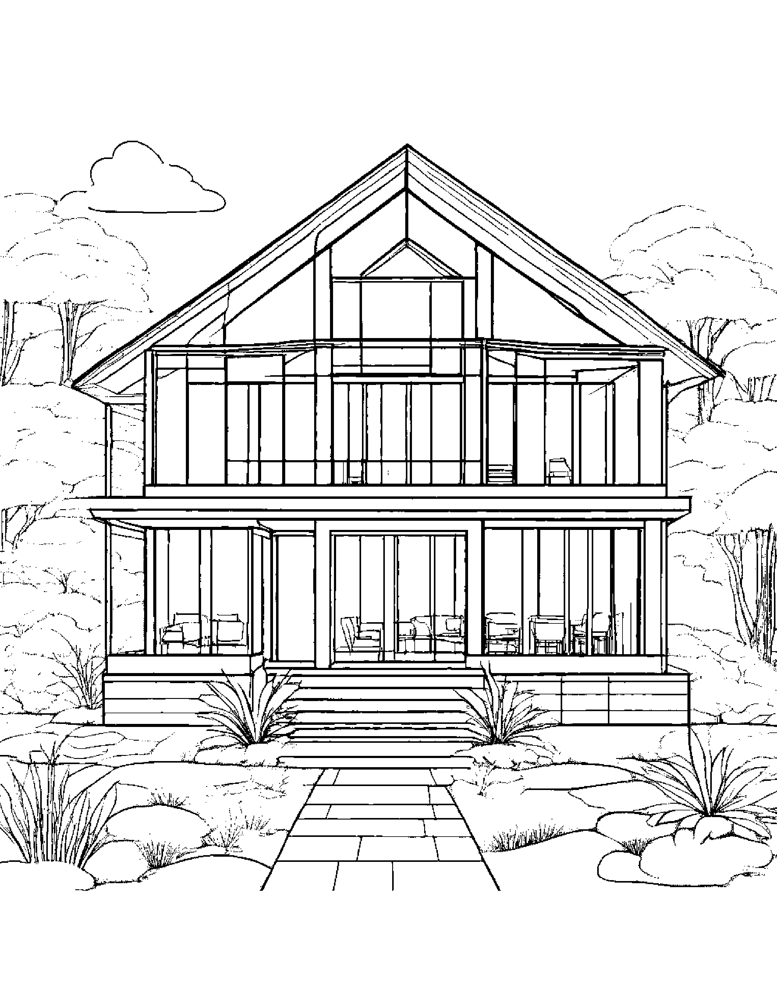 A Modern Glass House Coloring Page (Free Printable PDF)