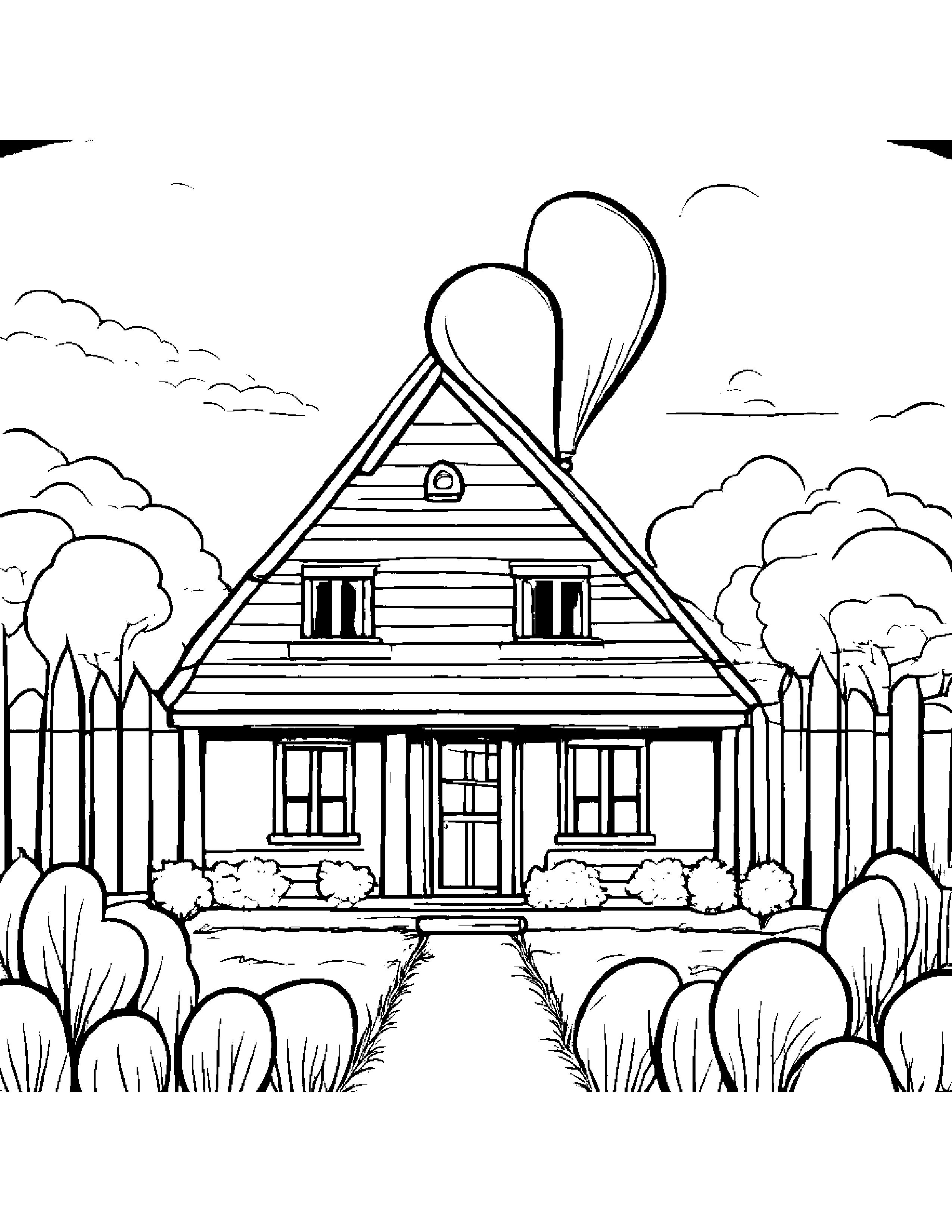 Cozy Cottage With Balloon #2 Coloring Page (Free Printable PDF)