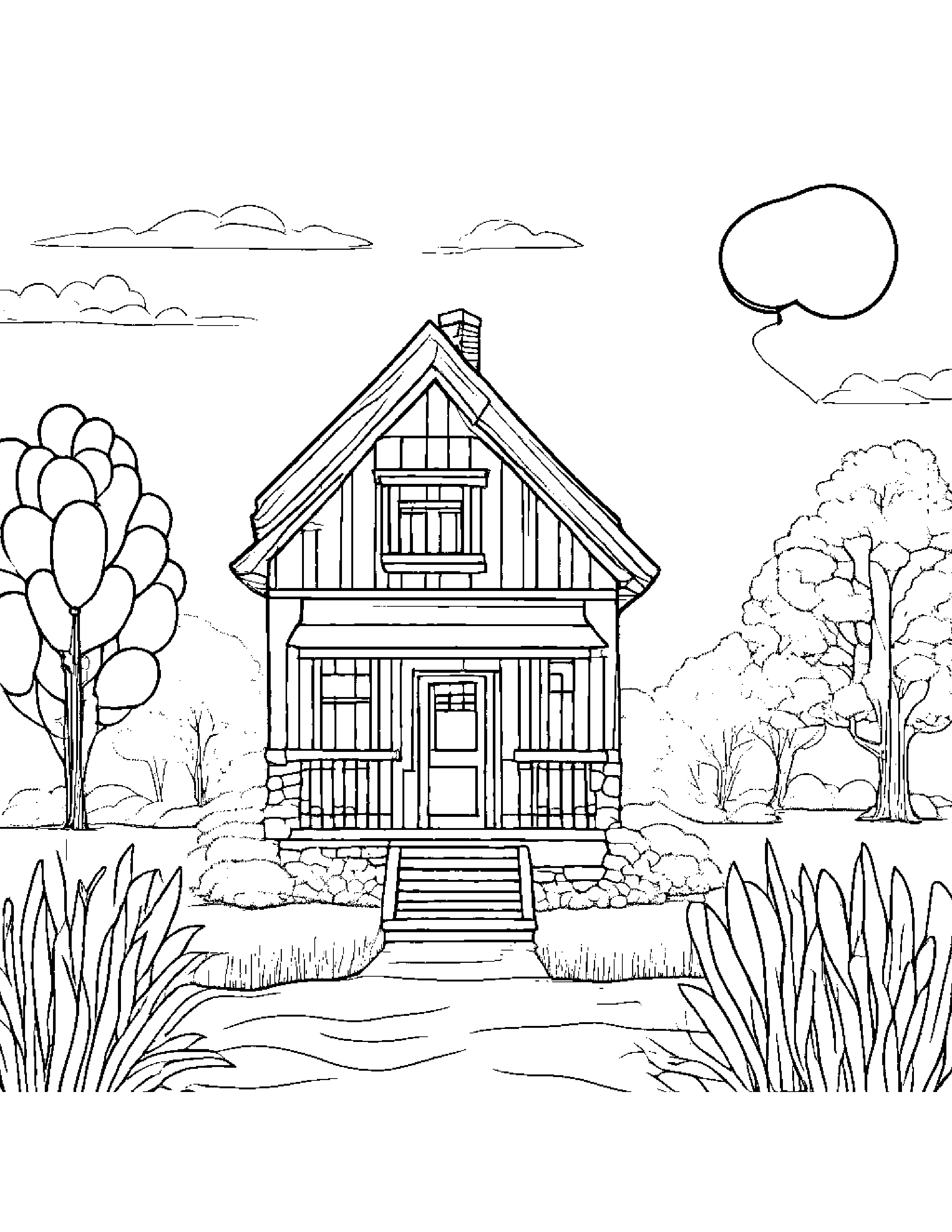 Cozy Cottage With Balloon Coloring Page (Free Printable PDF)