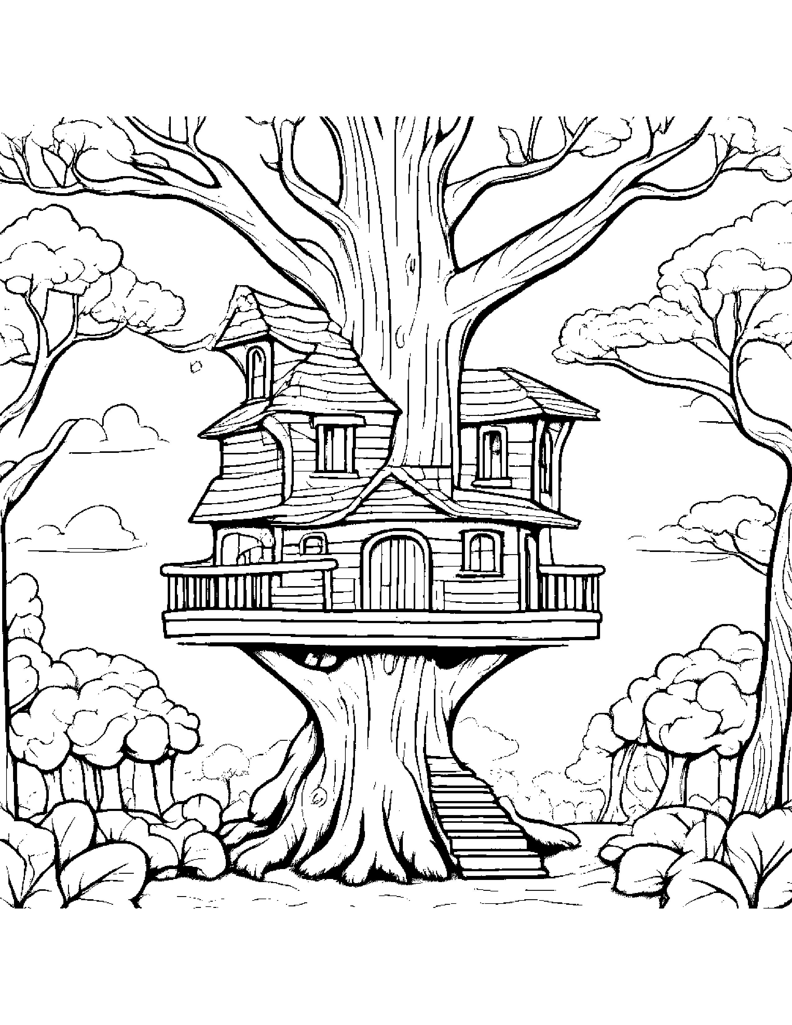 Happy Treehouse With Scarf #2 Coloring Page (Free Printable PDF)